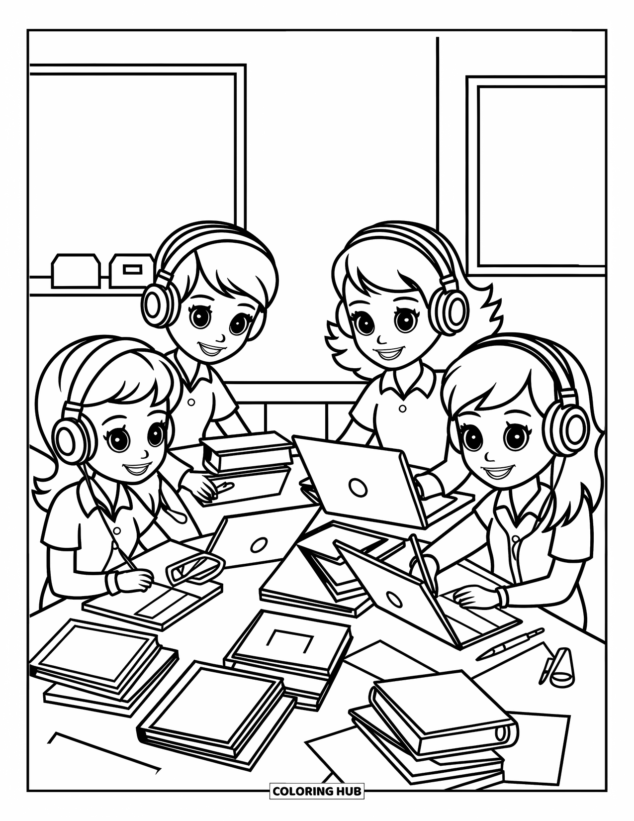 School Kleurplaat voor Kinderen: Vier vrolijke studenten verzamelen zich aan een tafel, klaar voor een leuke studiesessie