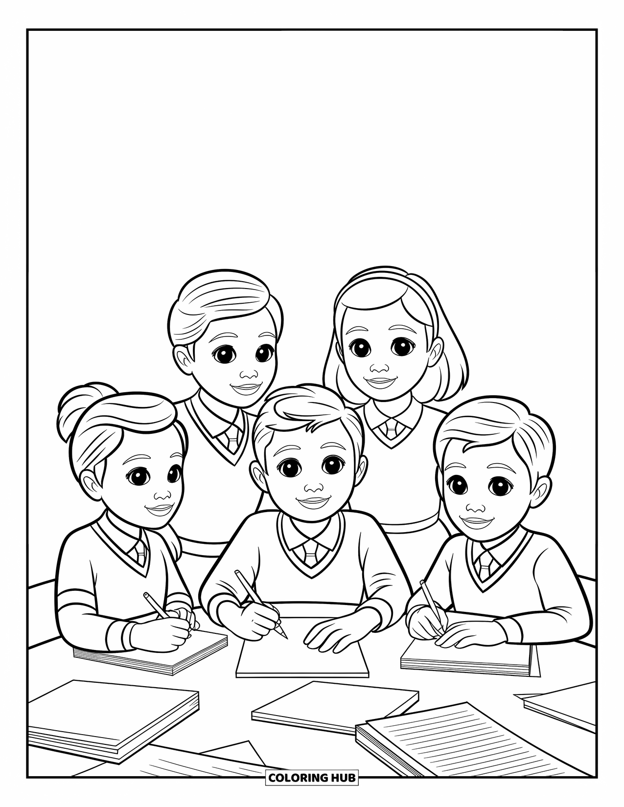 School Kleurplaat voor Kinderen: Vier studenten praten en studeren samen aan een tafel vol papieren en een laptop