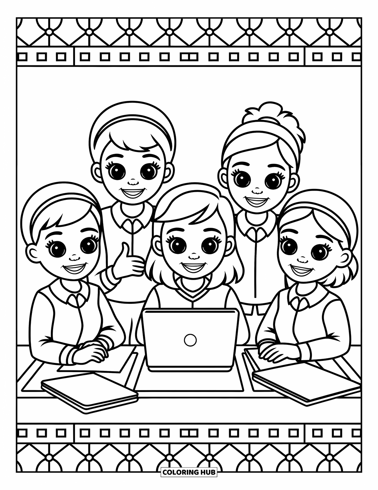 School Kleurplaat voor Kinderen: Vier studenten zitten samen rond een tafel, omringd door papieren en een levendig gesprek