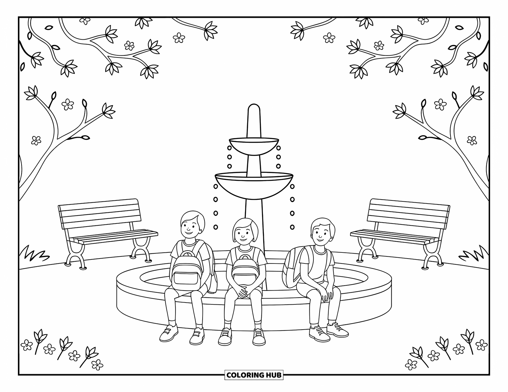 School Kleurplaat voor Kinderen: Kinderen zitten op banken bij een fontein en genieten van de rustige schoolplein