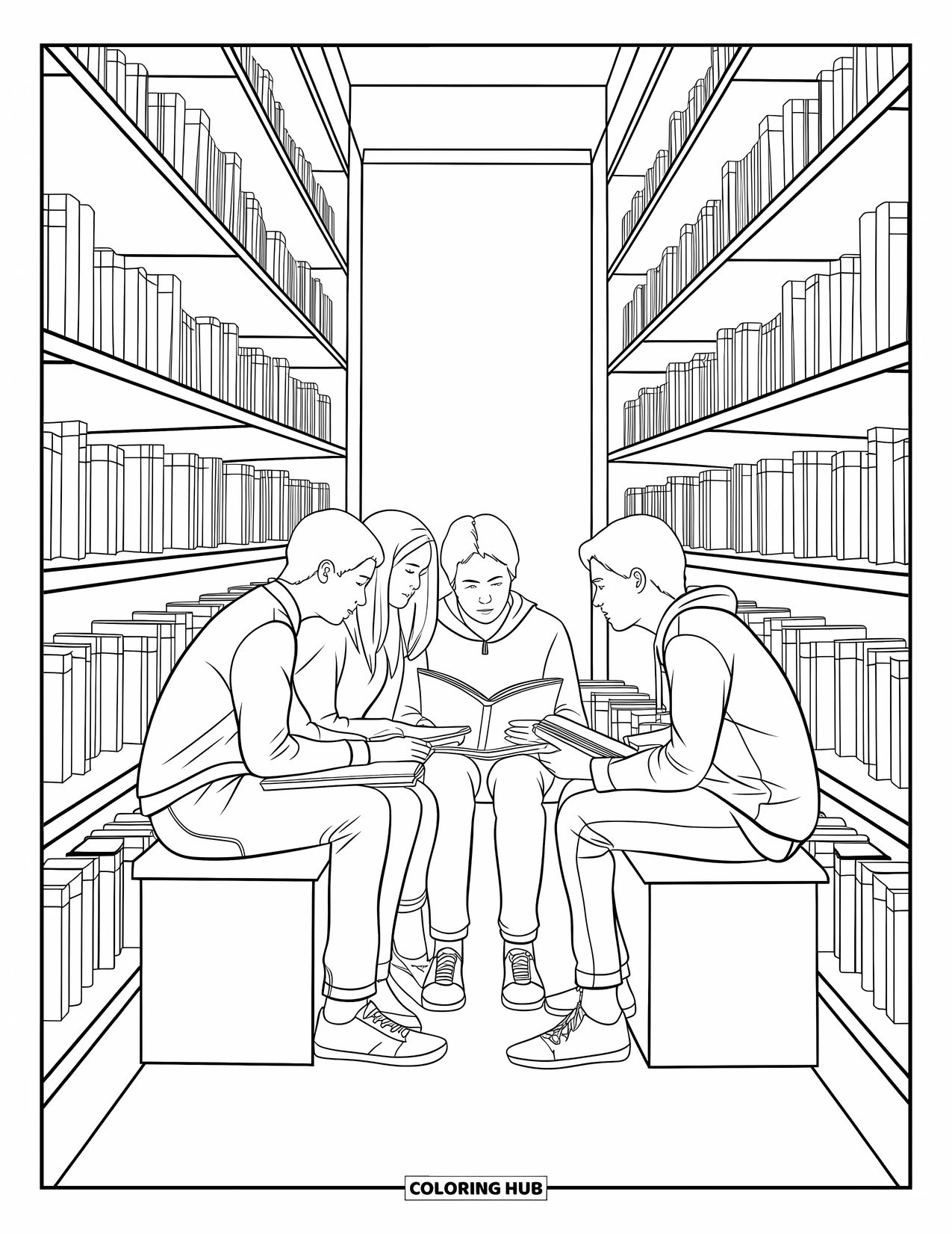 School Kleurplaat voor Kinderen: Drie geconcentreerde studenten zitten dicht bij elkaar over boeken in een warme, uitnodigende bibliotheekhoek