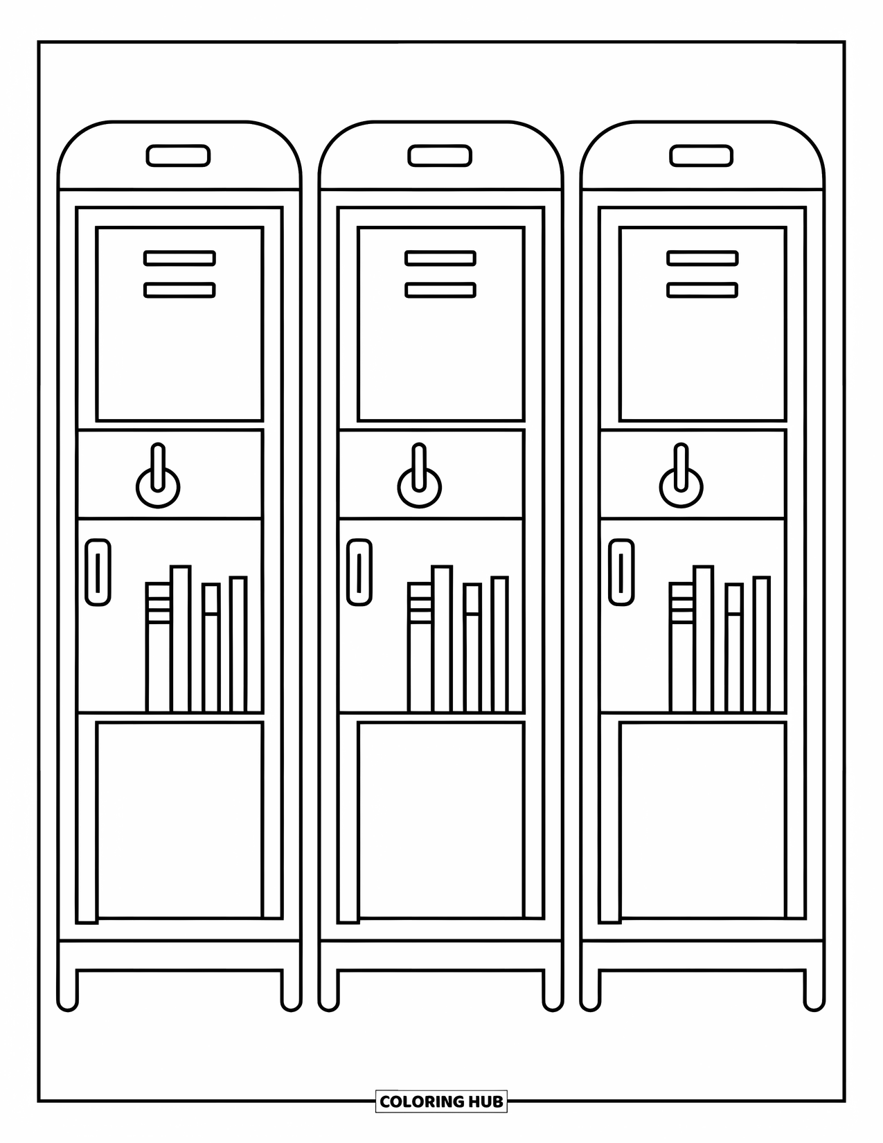 School Kleurplaat voor Kinderen: Drie kluisjes staan op een rij met open deuren, haken en boeken erin
