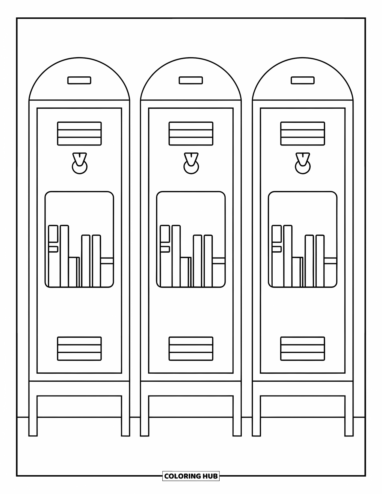 School Kleurplaat voor Kinderen: Drie open kluisjes met boeken en haken staan in een nette rij