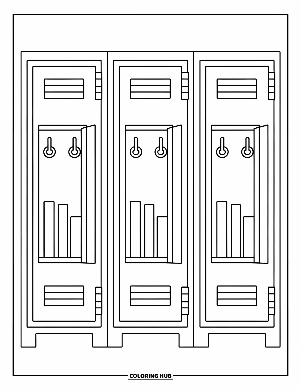 School Kleurplaat voor Kinderen: Drie eenvoudige kluisjes met open deuren en boeken op planken