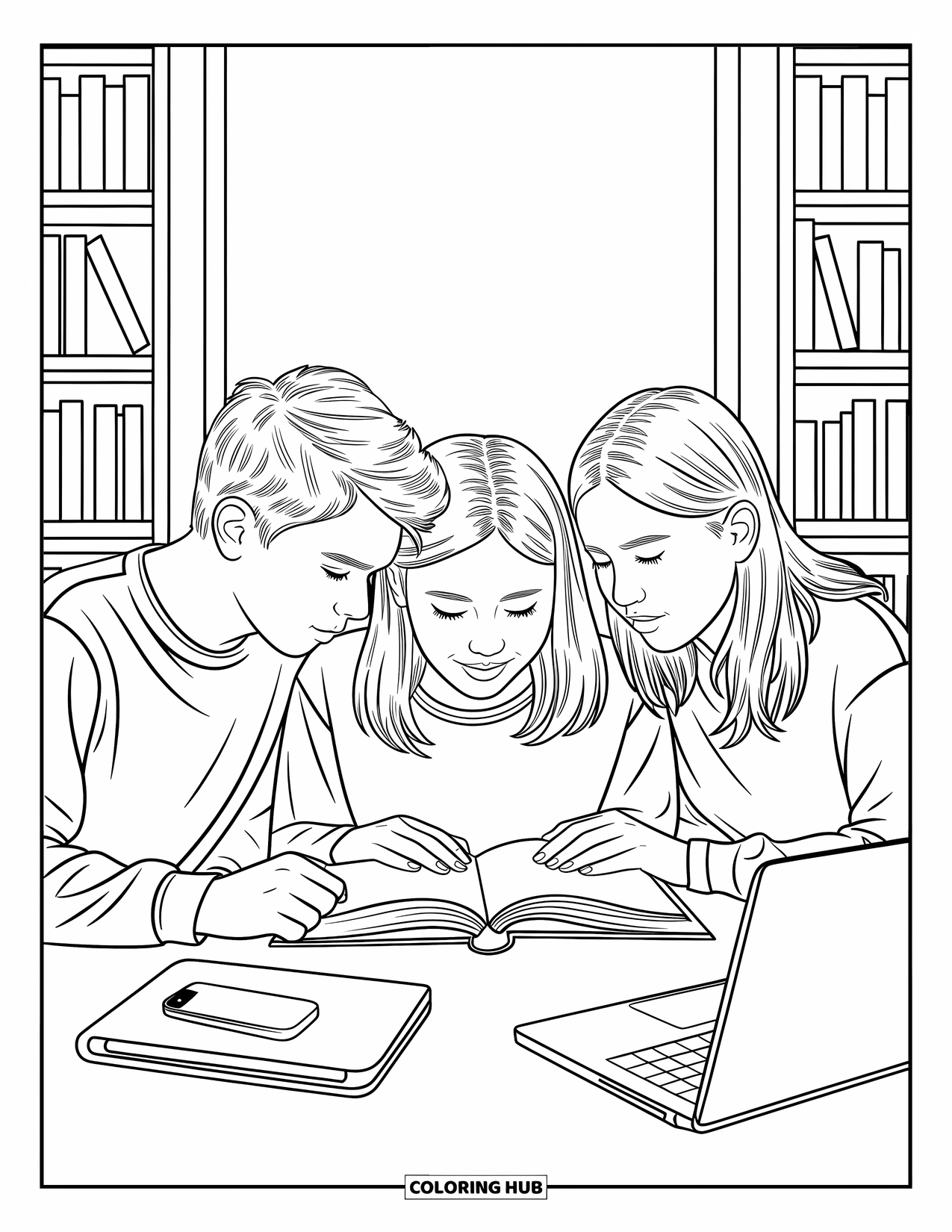 School Kleurplaat voor Kinderen: Drie studenten studeren samen in een gezellig bibliotheekhok met boeken en laptops om hen heen