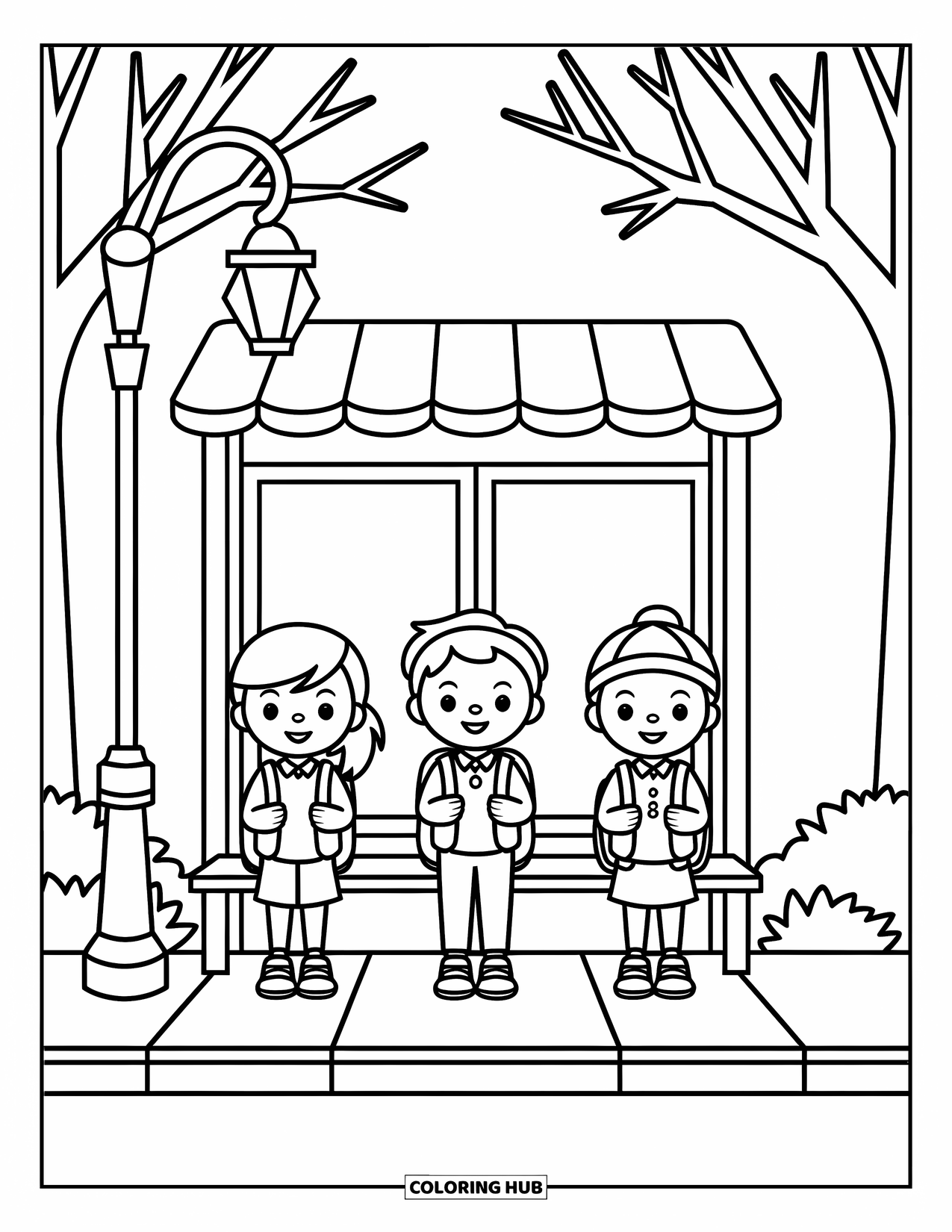 School Kleurplaat voor Kinderen: Drie studenten met rugzakken wachten bij een gezellige bushalte met een bank en een lamp