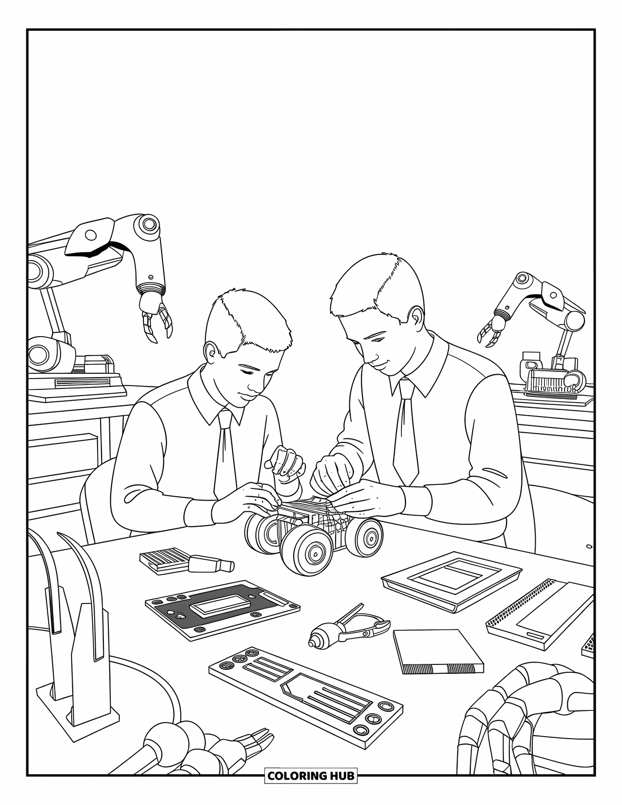 School Kleurplaat voor Kinderen: Twee studenten bouwen een robot omringd door gadgets en futuristische onderdelen