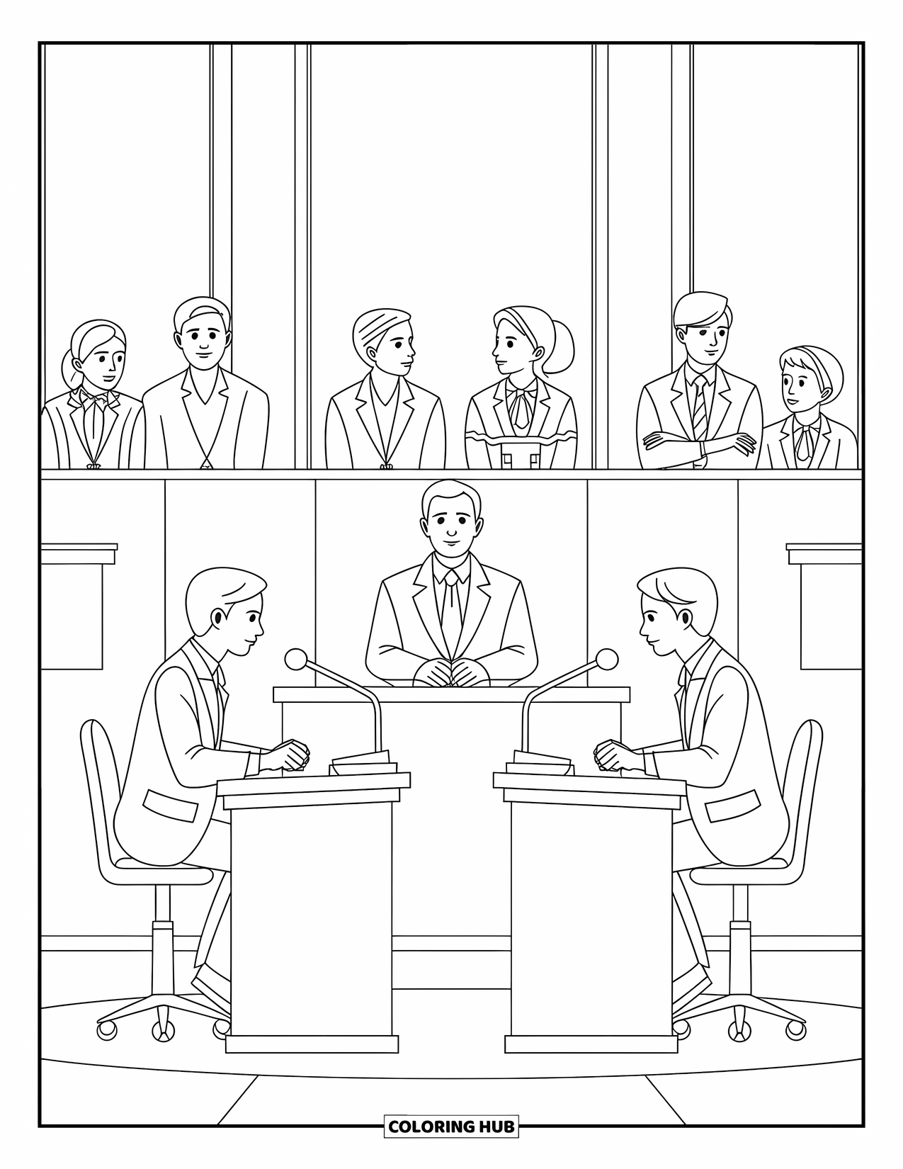 School Kleurplaat voor Kinderen: Twee studenten staan tegenover elkaar in een debat terwijl een rechter aandachtig toekijkt