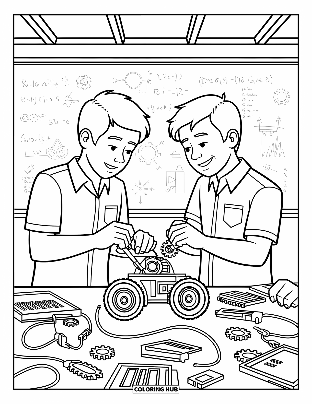 School Kleurplaat voor Kinderen: Twee studenten werken samen aan het bouwen van een robot met opwinding en focus