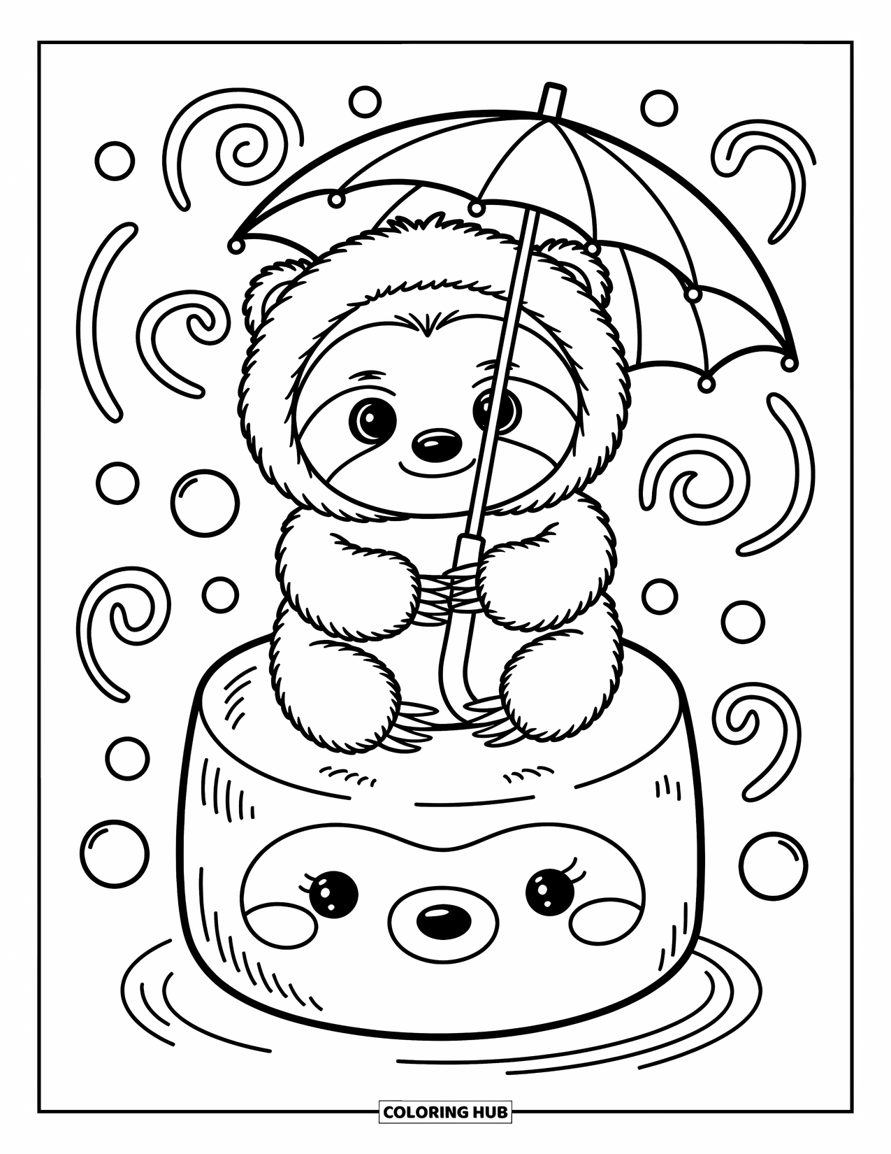 Disegno di un bradipo da colorare per adulti: Un cucciolo di bradipo è seduto su un morbido marshmallow tenendo un minuscolo ombrello, circondato da forme di caramelle