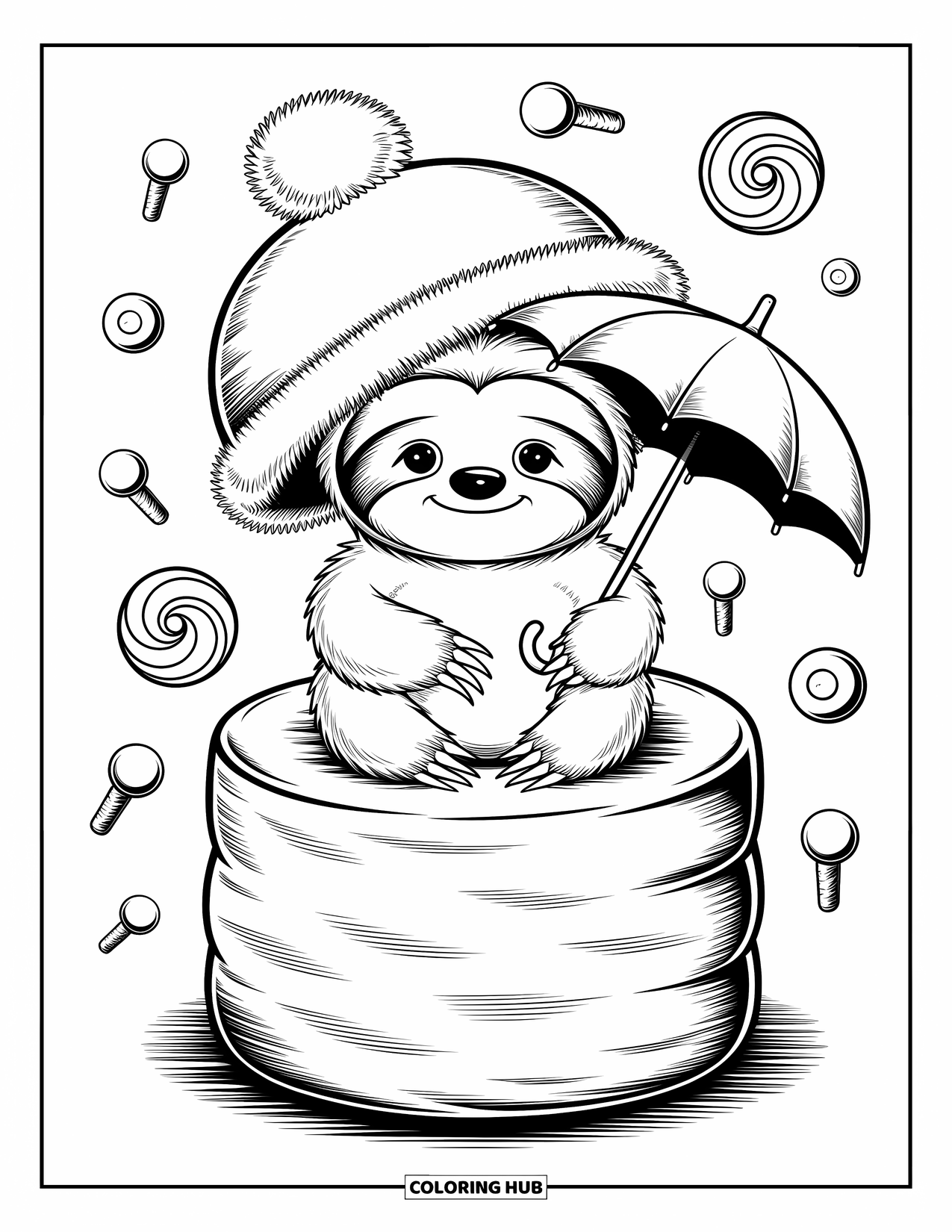 Disegno di un bradipo da colorare per adulti: Un cucciolo di bradipo con un grande cappello riposa su un marshmallow, circondato da dolci forme di caramelle