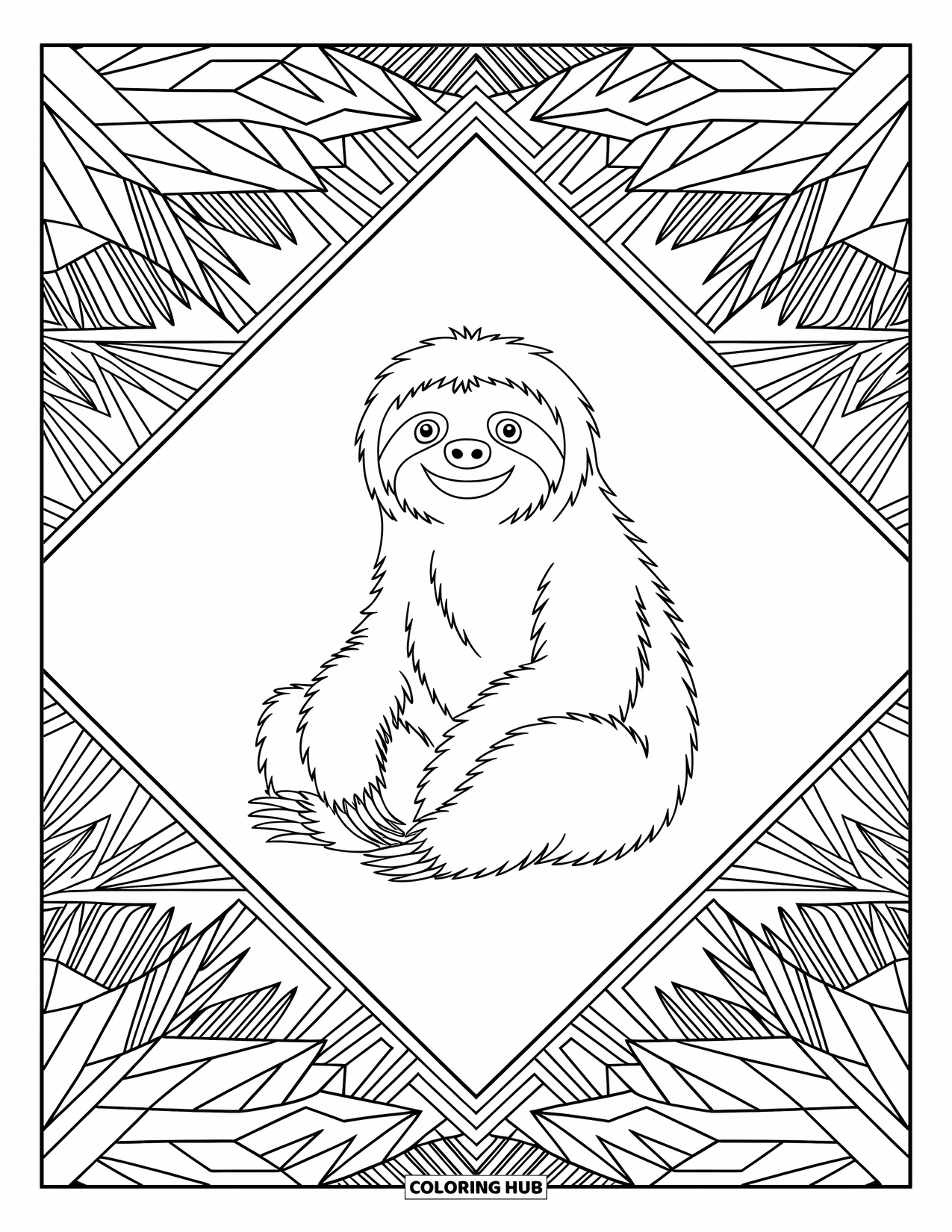 Disegno di un bradipo da colorare per adulti: Un bradipo calmo riposa all'interno di un bordo geometrico circondato da fogliame e forme dettagliate