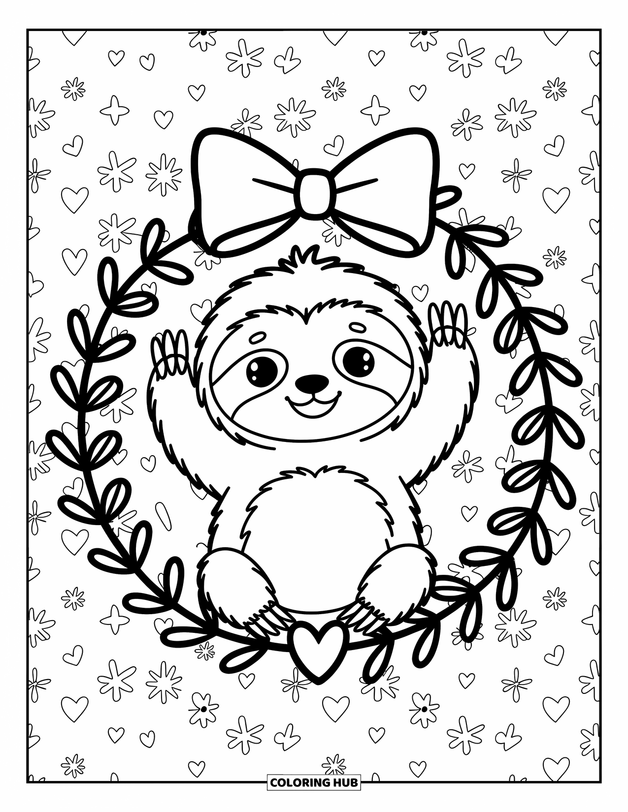 Disegno di un bradipo da colorare per adulti: Un allegro bradipo tiene un grande fiocco e saluta da una ghirlanda di fiori e cuori