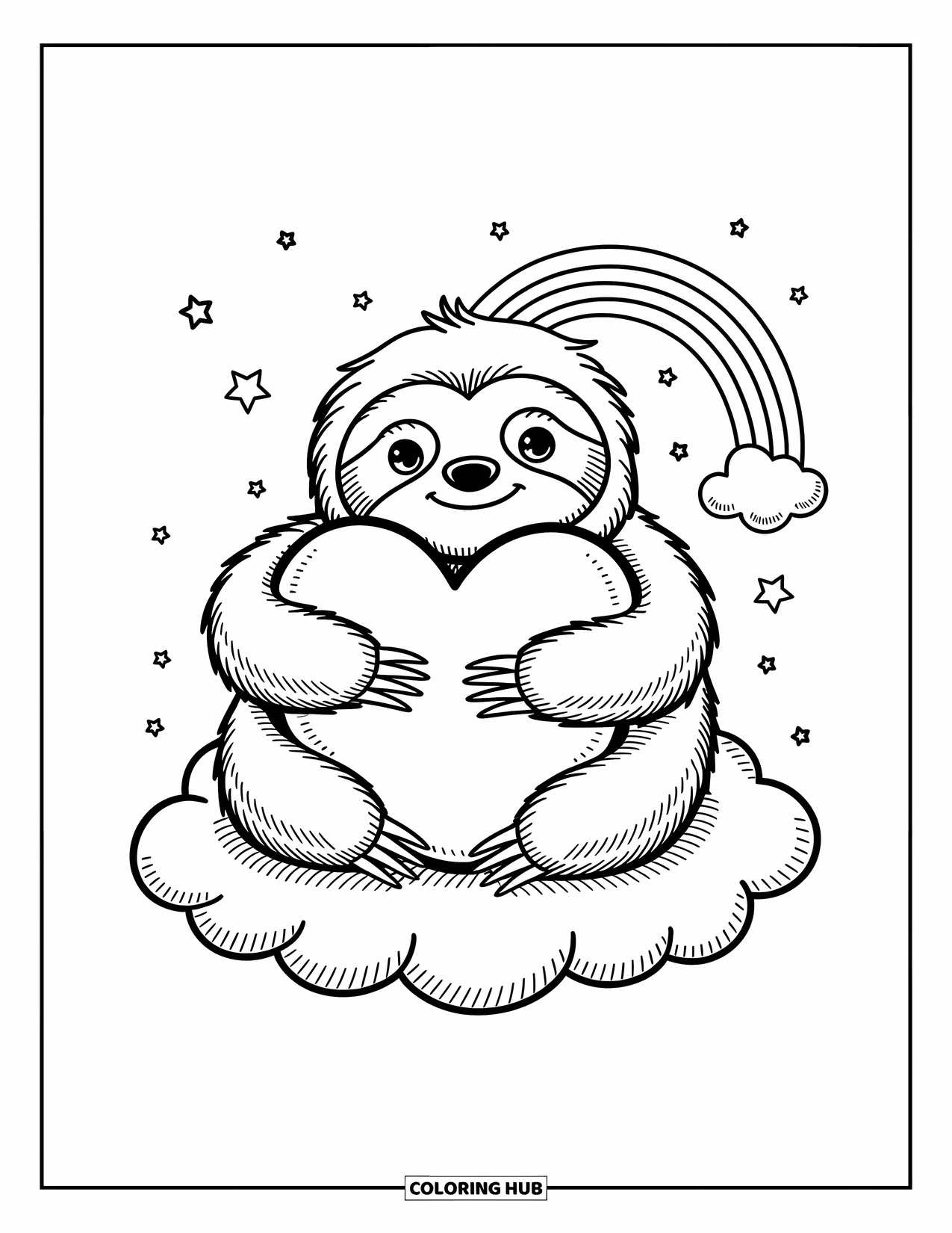 Disegno di un bradipo da colorare per adulti: Un bradipo paffuto abbraccia un cuscino a forma di cuore su una nuvola con piccole stelle e un arcobaleno dietro