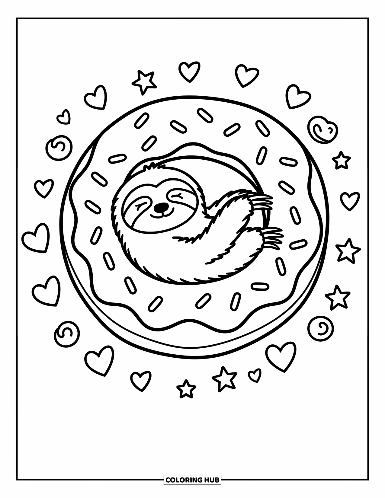 Disegno di un bradipo da colorare per adulti: Un bradipo soddisfatto si rilassa su una ciambella con zuccherini, circondato da piccoli cuori e stelle