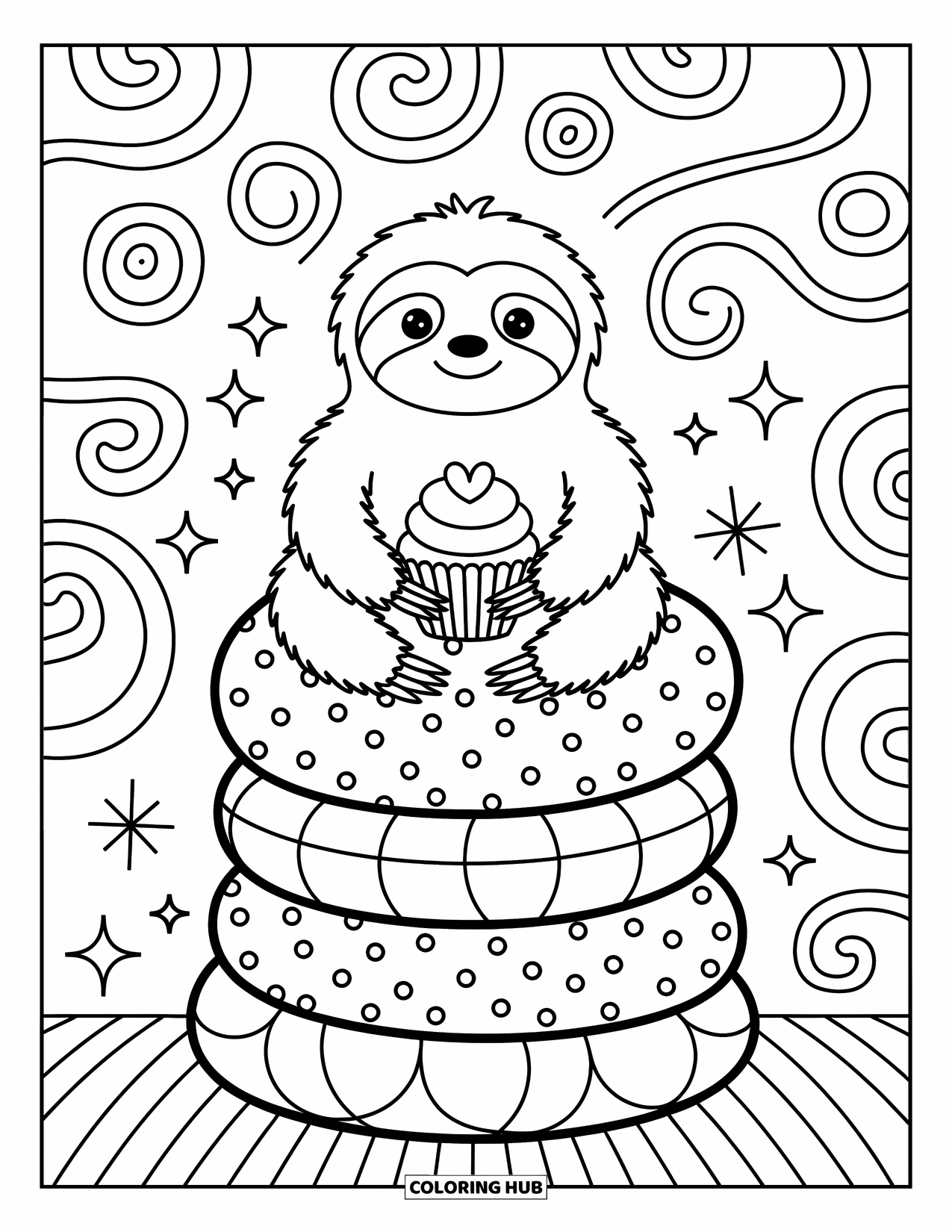 Disegno di un bradipo da colorare per adulti: Un accogliente bradipo è seduto su morbidi cuscini, tenendo un cupcake con vortici e scintillii intorno