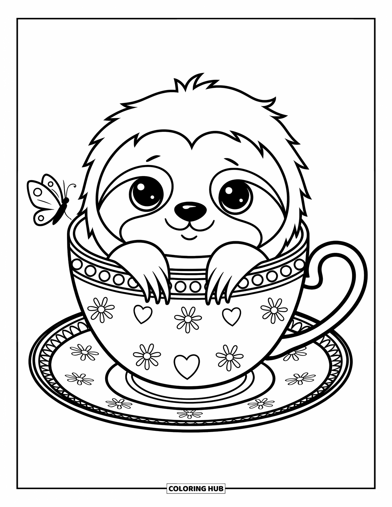 Disegno di un bradipo da colorare per adulti: Un bradipo curioso sbircia da una tazza da tè con fiori, cuori e una farfalla sul bordo