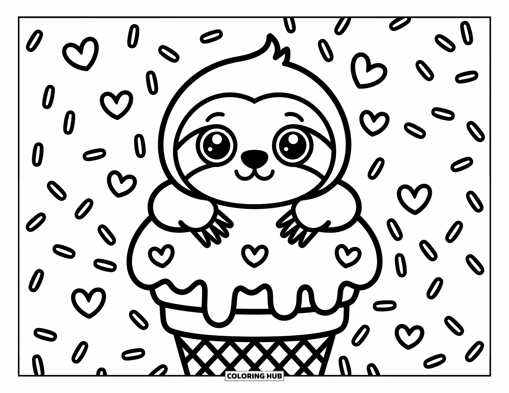 Disegno di un bradipo da colorare per adulti: Un simpatico bradipo si nasconde dietro un grande cono gelato con fiocchi fluttuanti e bolle a forma di cuore