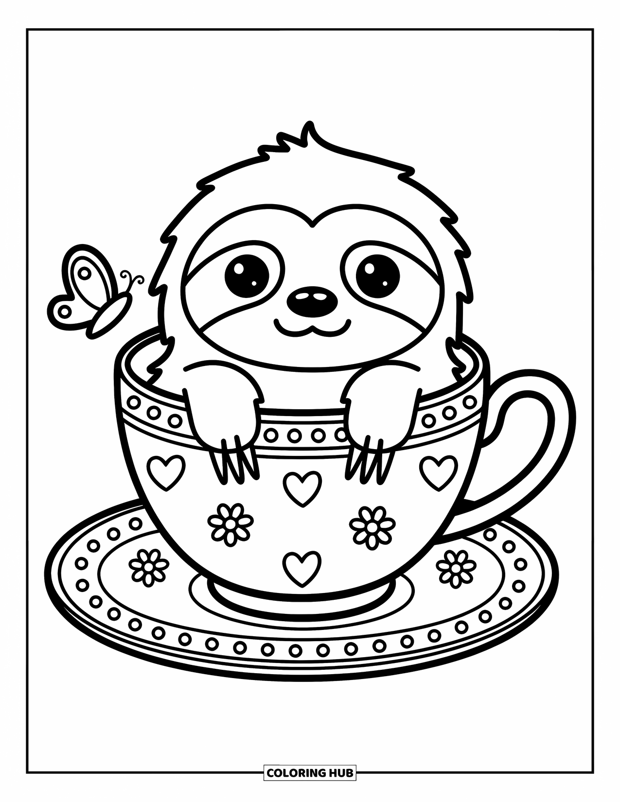 Disegno di un bradipo da colorare per adulti: Un simpatico bradipo sbircia da una tazza da tè su un piattino con una farfalla e decorazioni a cuore