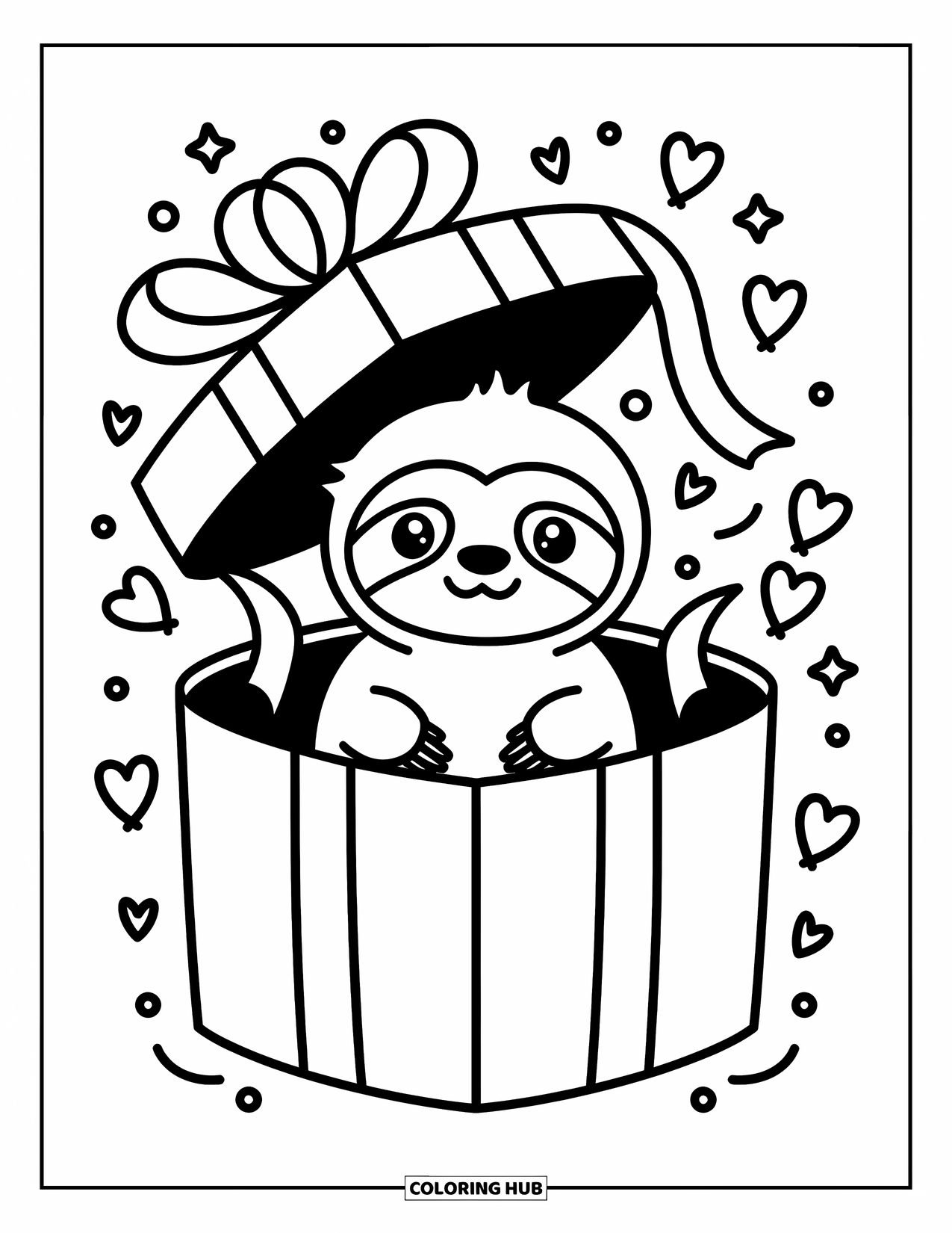 Disegno di un bradipo da colorare per adulti: Un simpatico bradipo è seduto in una confezione regalo circondato da nastri, piccole stelle e palloncini