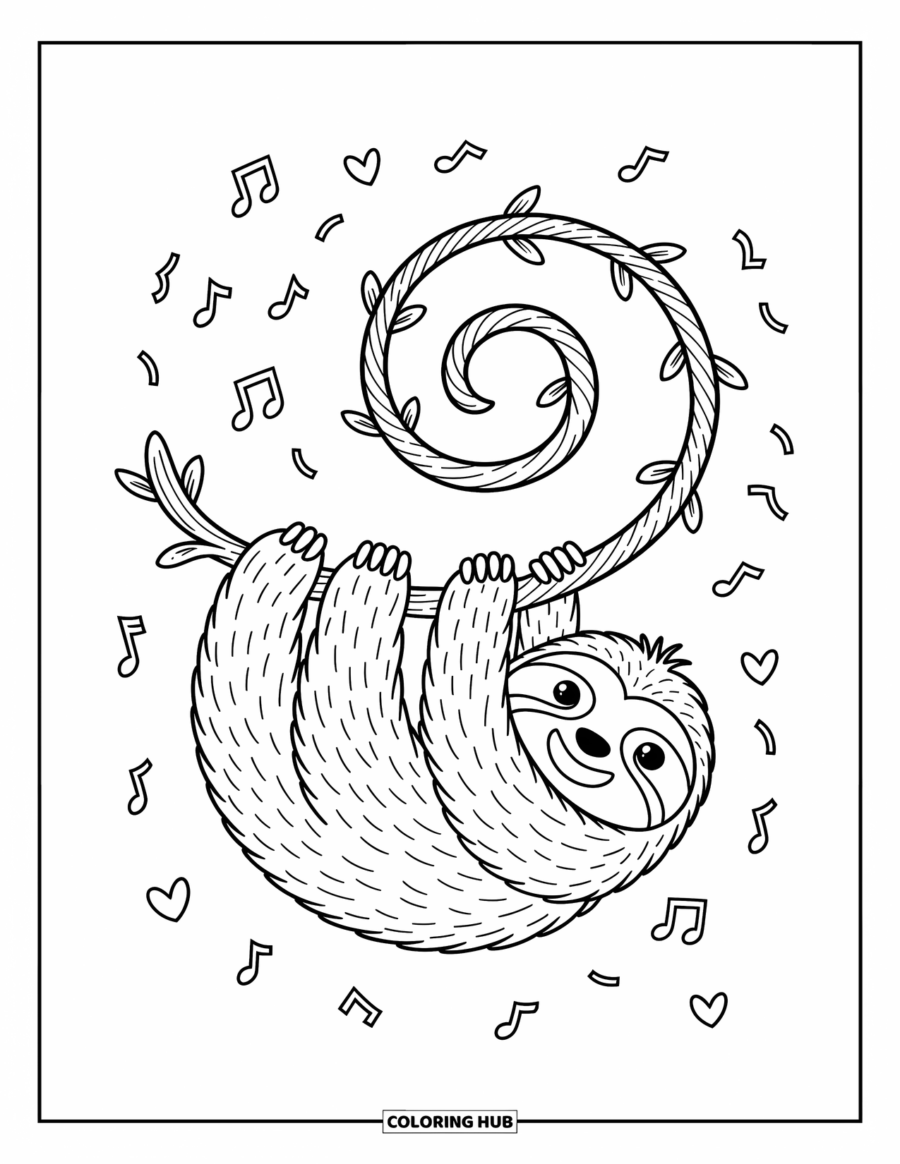 Disegno di un bradipo da colorare per adulti: Un simpatico bradipo si dondola da una vite a forma di cuore, circondato da note e coriandoli