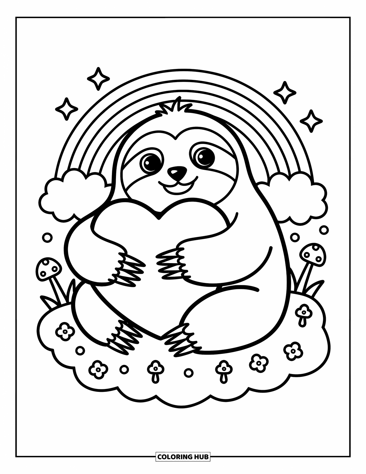 Disegno di un bradipo da colorare per adulti: Un bradipo amichevole abbraccia un cuscino a forma di cuore su una nuvola, circondato da stelle, funghi e fiori
