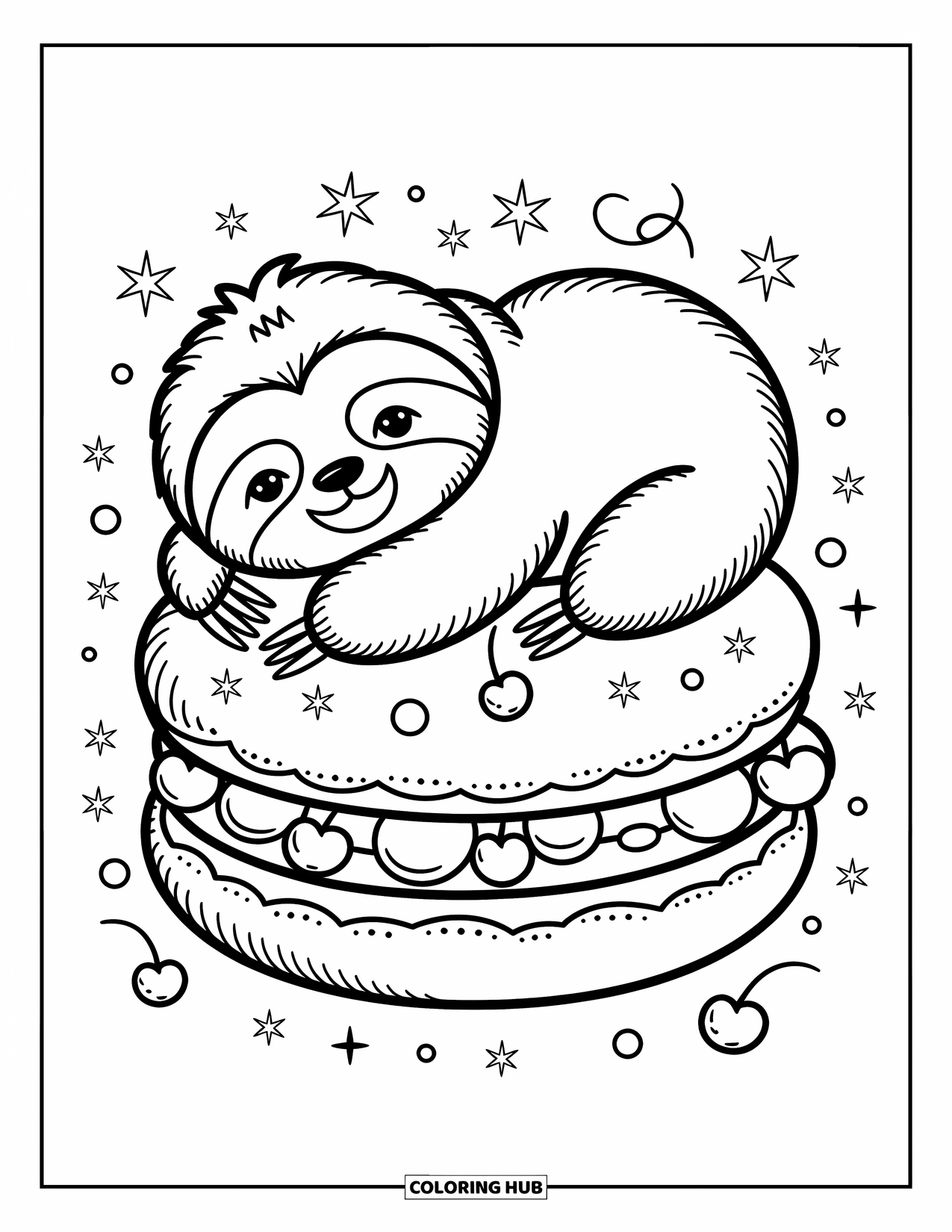 Disegno di un bradipo da colorare per adulti: Un delicato bradipo si rilassa su un macaron gigante circondato da stelle e piccole ciliegie