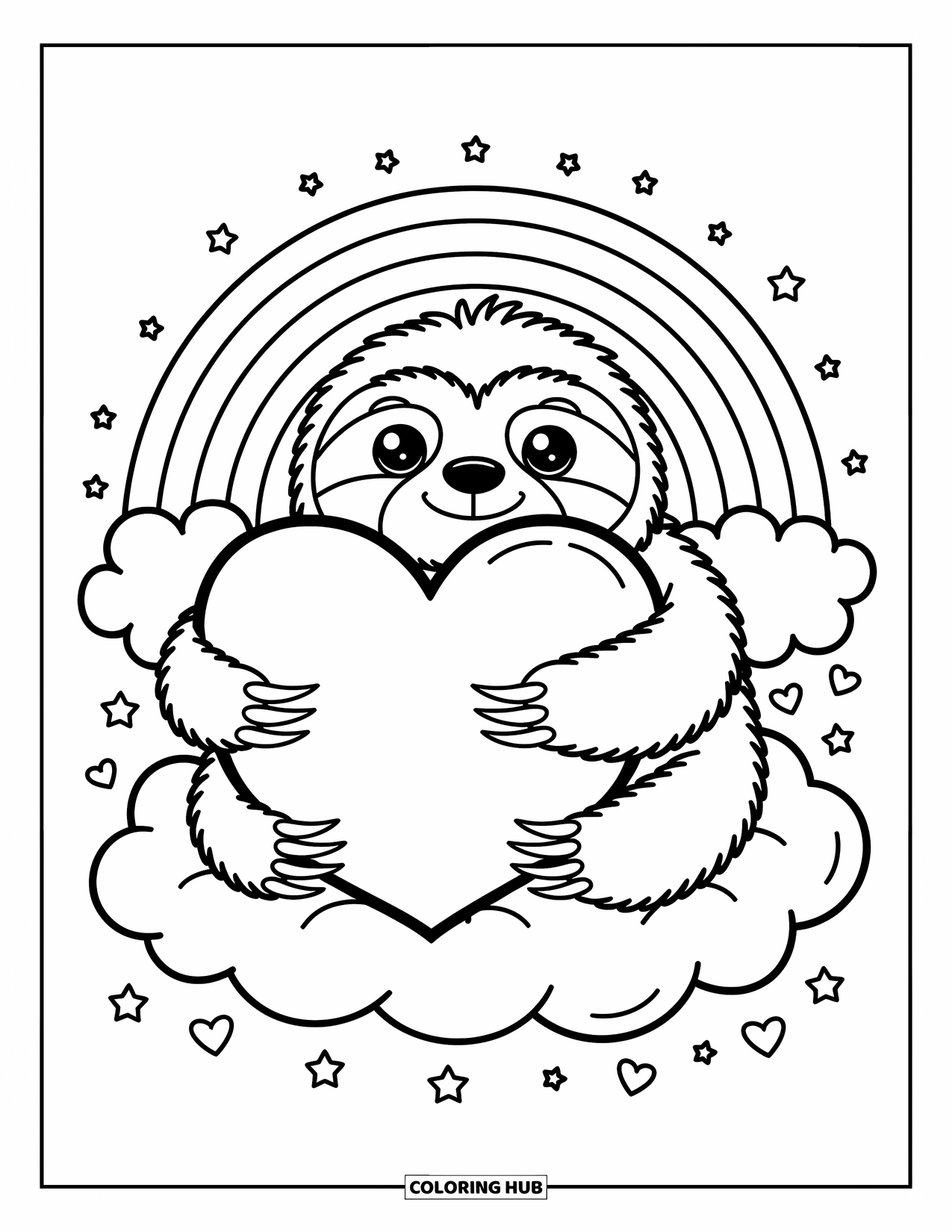 Disegno di un bradipo da colorare per adulti: Un bradipo felice abbraccia un cuscino a forma di cuore su una nuvola con stelle, fiori e un arcobaleno sopra