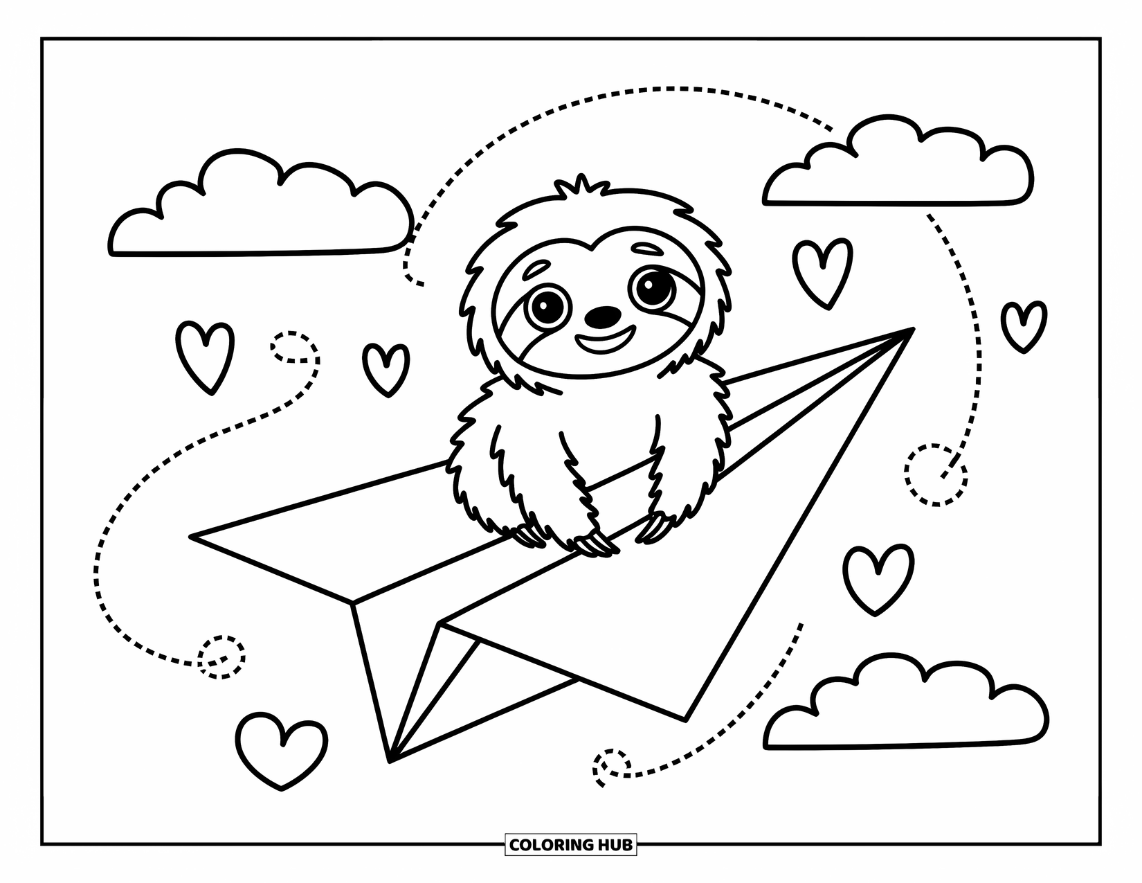 Disegno di un bradipo da colorare per adulti: Un bradipo felice cavalca un aeroplanino di carta con vortici, nuvole gonfie e piccoli cuori