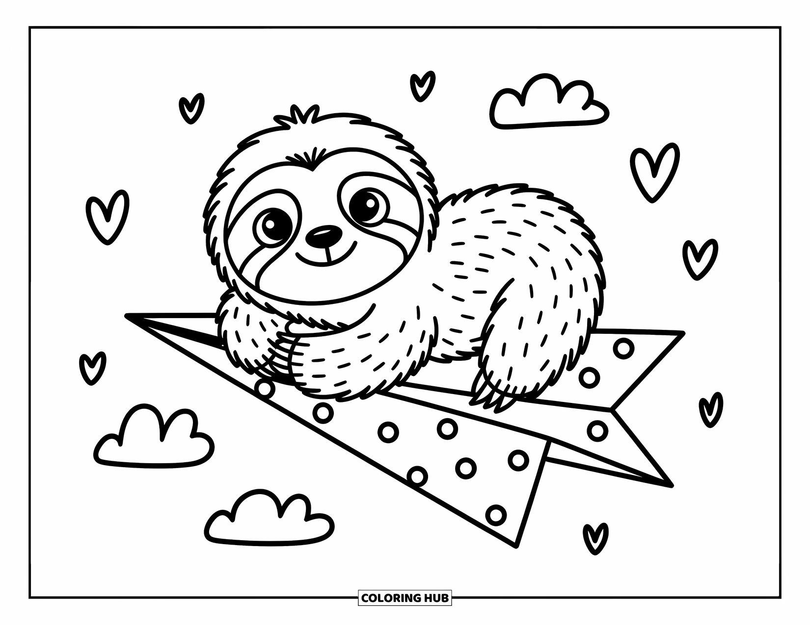 Disegno di un bradipo da colorare per adulti: Un bradipo felice sorride su un grande aeroplanino di carta con nuvole gonfie e cuori intorno