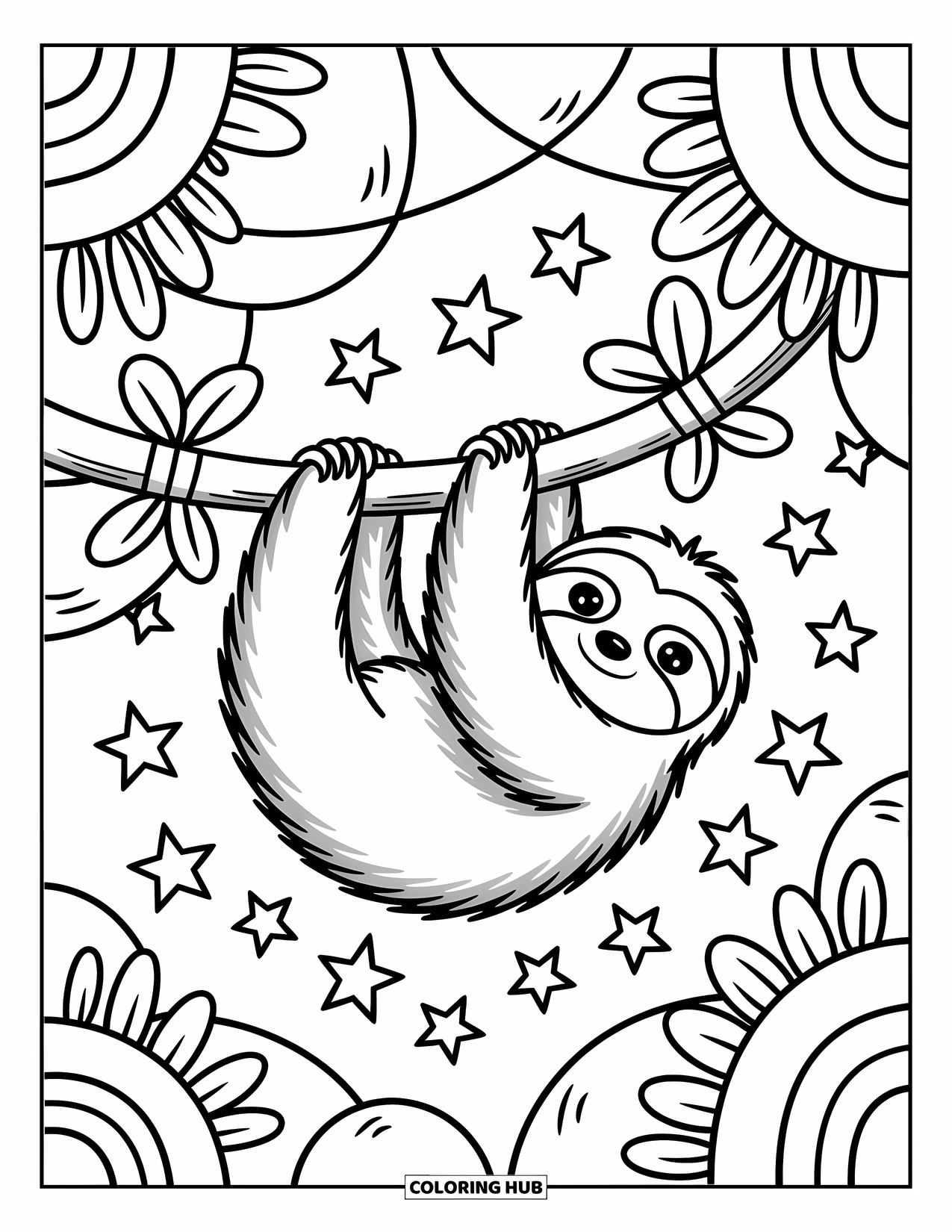 Disegno di un bradipo da colorare per adulti: Un bradipo felice si dondola su un ramo d'albero con nastri, fiori e stelle fluttuanti