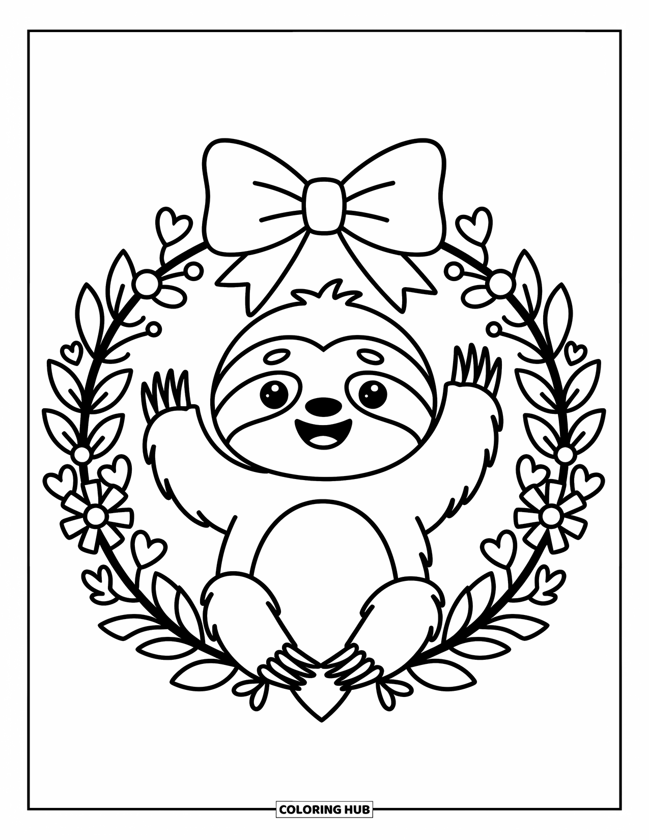 Disegno di un bradipo da colorare per adulti: Un bradipo felice saluta da una ghirlanda piena di fiori, foglie e piccoli cuori