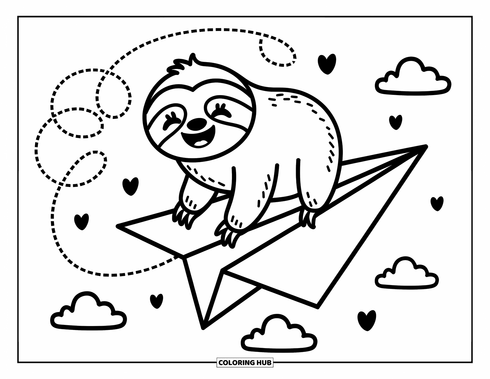 Disegno di un bradipo da colorare per adulti: Un gioioso bradipo cavalca un aeroplanino di carta circondato da nuvole, cuori e vortici giocosi