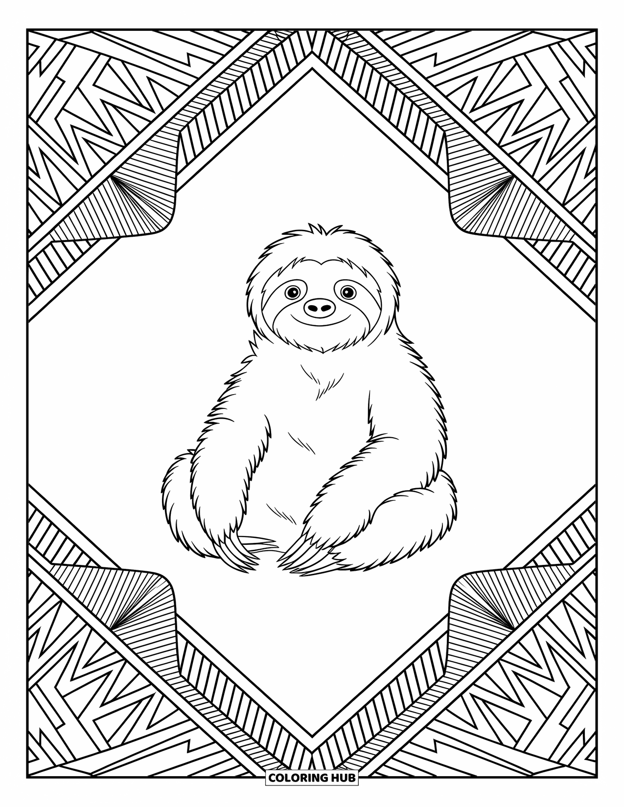 Disegno di un bradipo da colorare per adulti: Un bradipo pacifico è seduto all'interno di un bordo geometrico della giungla pieno di intricati motivi