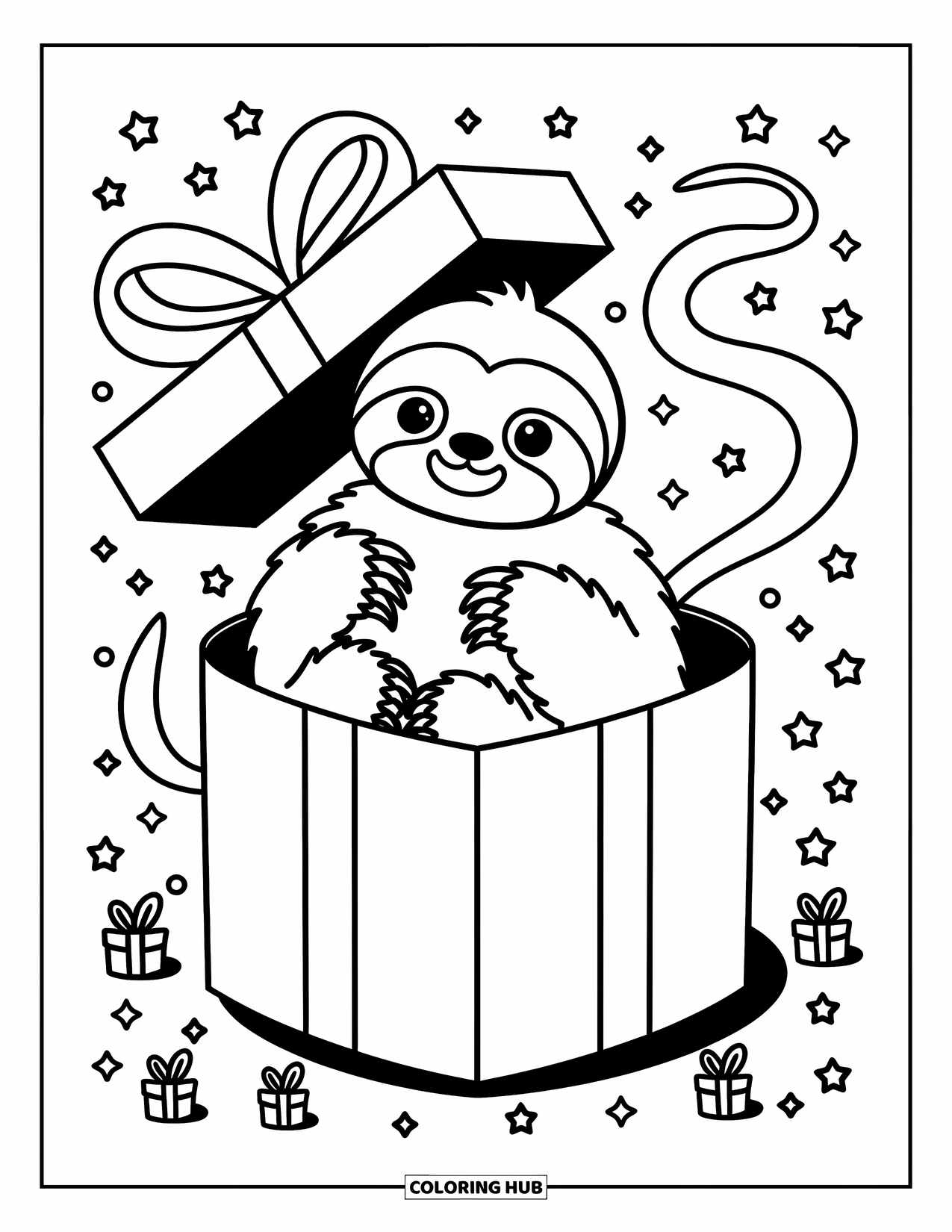 Disegno di un bradipo da colorare per adulti: Un bradipo giocherellone si rannicchia in una confezione regalo con nastri, stelle e coriandoli che fluttuano intorno