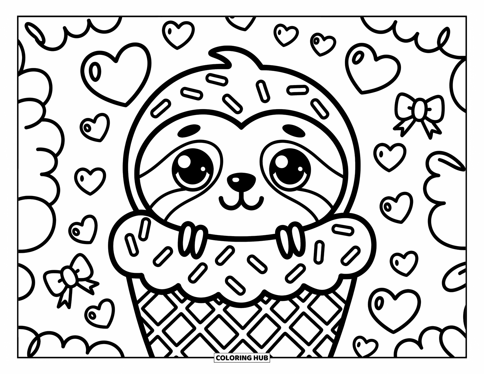 Disegno di un bradipo da colorare per adulti: Un bradipo giocherellone si nasconde dietro un grande cono gelato circondato da cuori e zuccherini