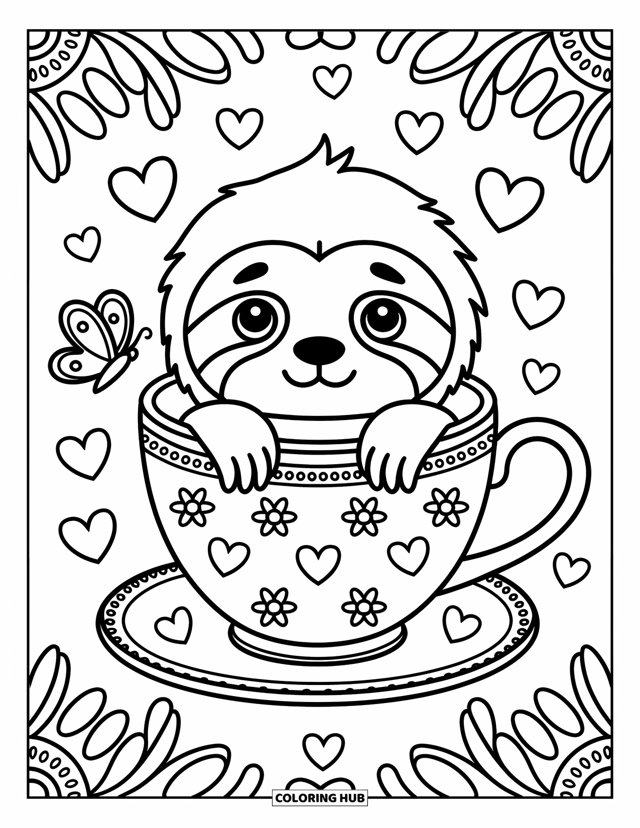 Disegno di un bradipo da colorare per adulti: Un bradipo giocherellone sbircia da una tazza da tè decorata con fiori con una farfalla appoggiata nelle vicinanze