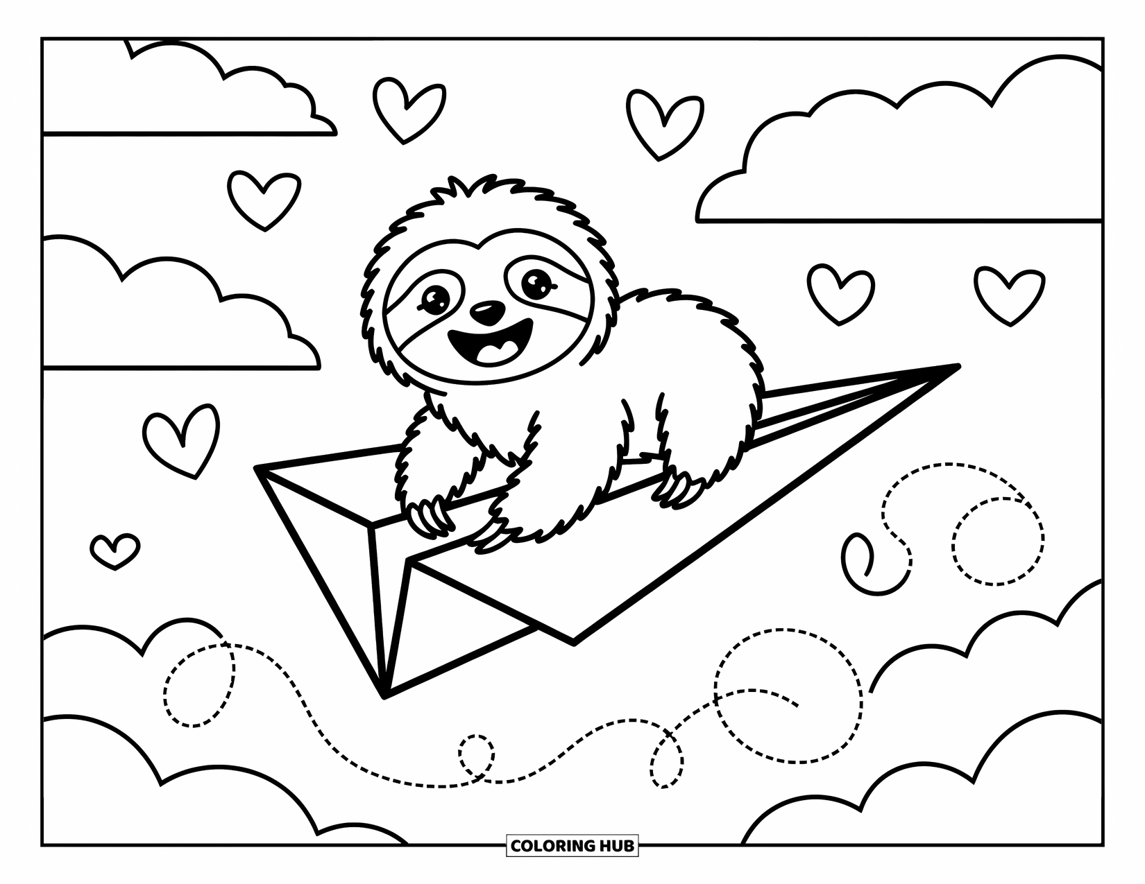 Disegno di un bradipo da colorare per adulti: Un bradipo giocherellone cavalca un aeroplanino di carta, fluttuando tra nuvole e piccoli cuori