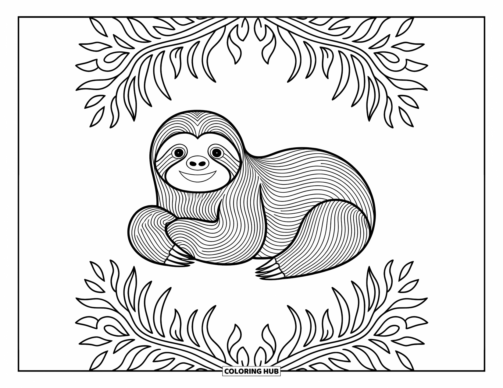 Disegno di un bradipo da colorare per adulti: Un sereno bradipo riposa tra dettagliati motivi ispirati alla giungla e morbide forme geometriche