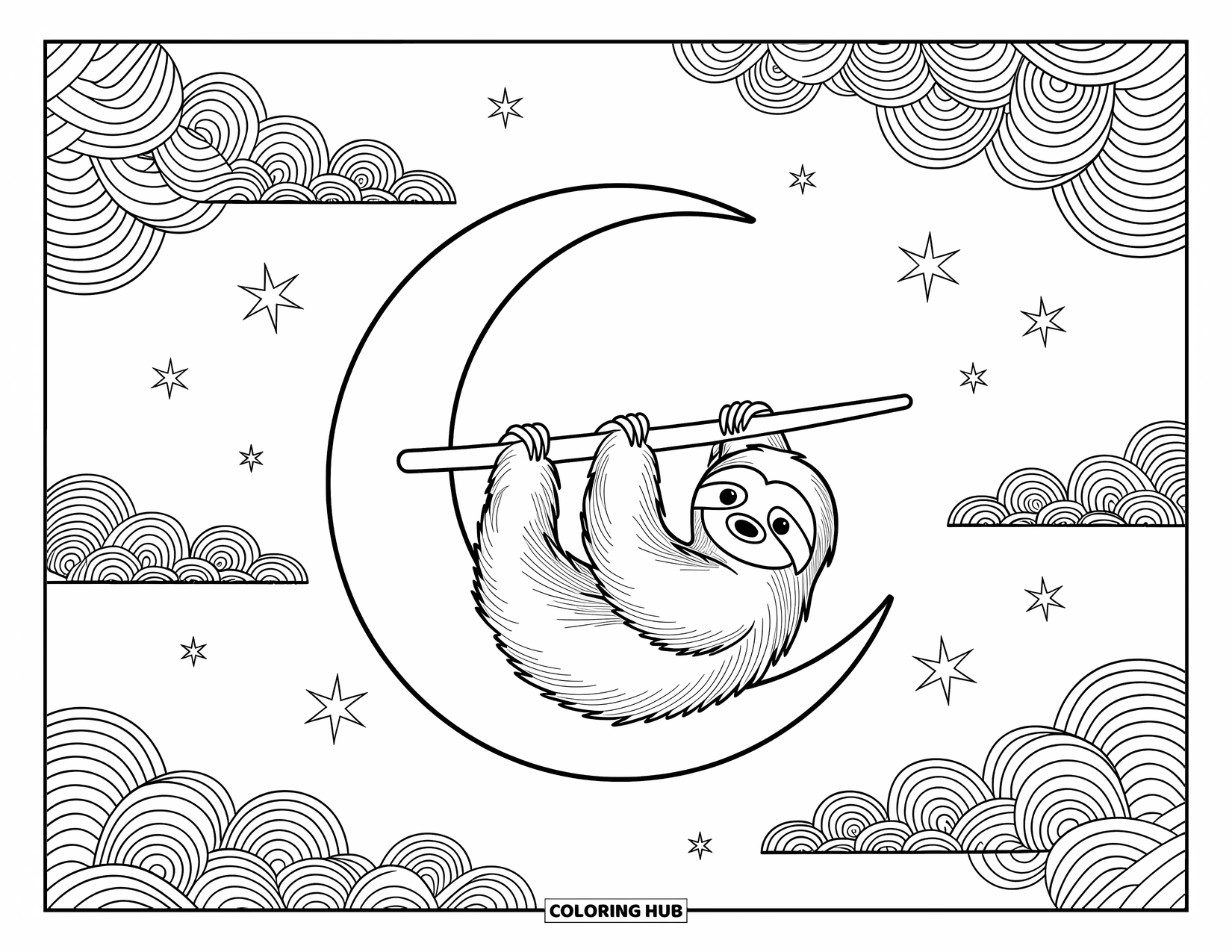 Disegno di un bradipo da colorare per adulti: Un bradipo è appeso a una luna crescente circondato da nuvole vorticose e stelle scintillanti