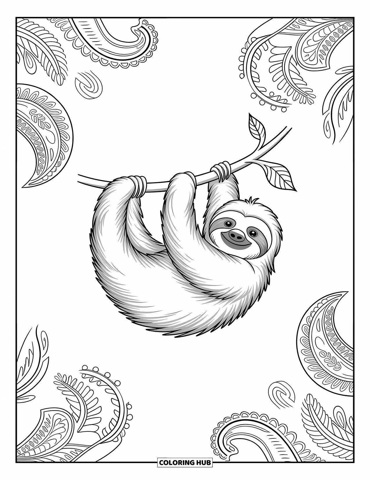 Disegno di un bradipo da colorare per adulti: Un bradipo è appeso a una vite a spirale circondato da motivi paisley e forme astratte