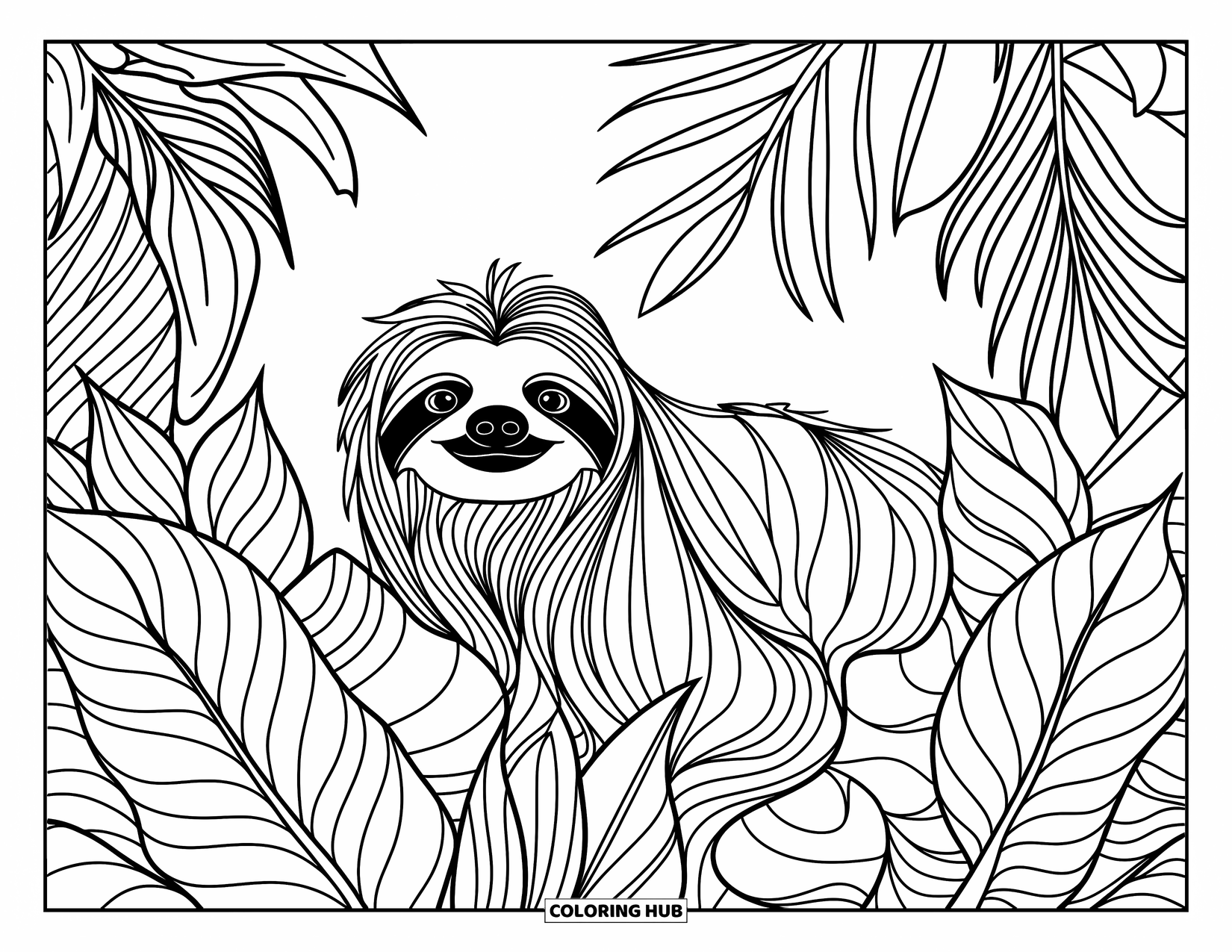 Disegno di un bradipo da colorare per adulti: Un bradipo è nascosto all'interno di strati di foglie dettagliate e disegni floreali della giungla