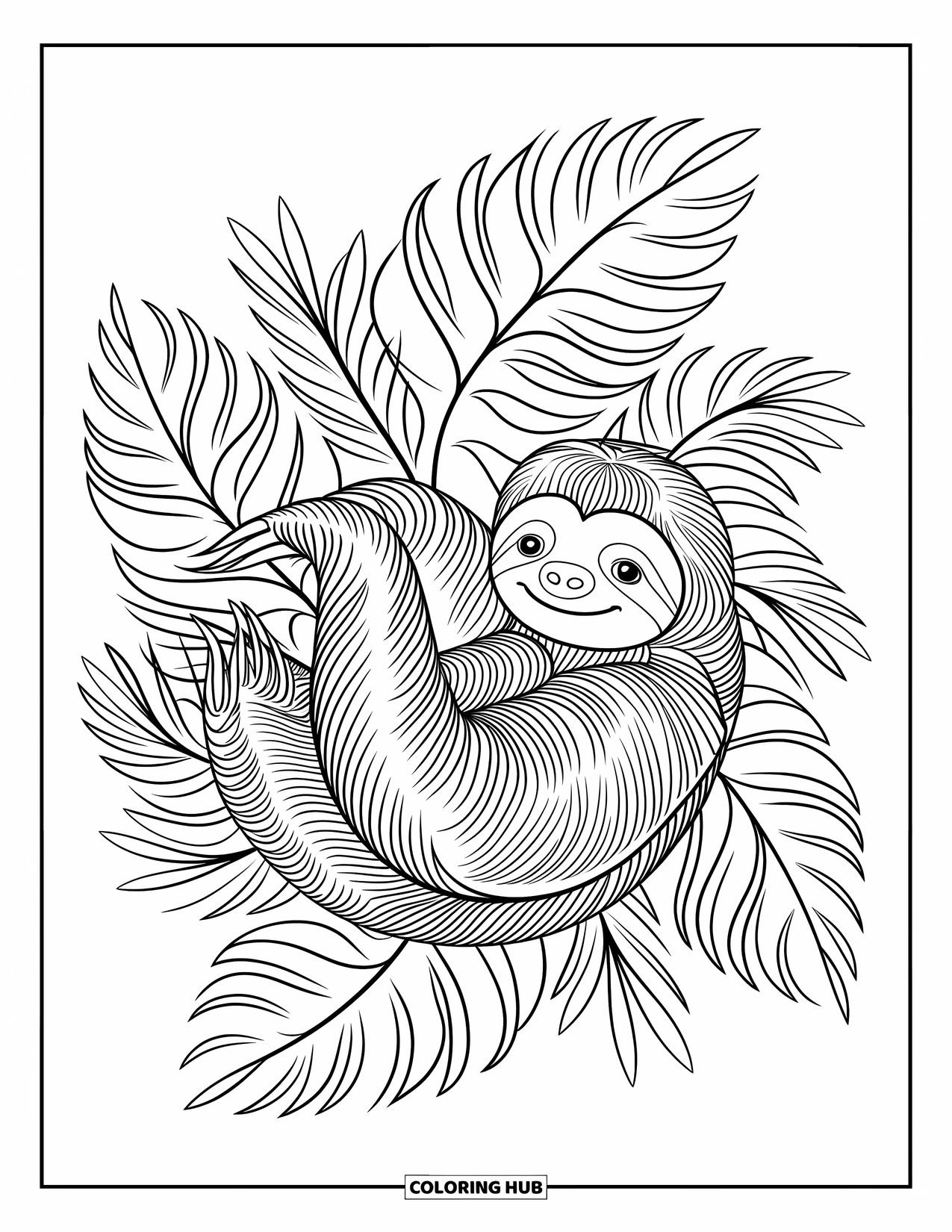 Disegno di un bradipo da colorare per adulti: Un bradipo si rilassa all'interno di vortici mandala e lussureggianti foglie tropicali con motivi raffinati