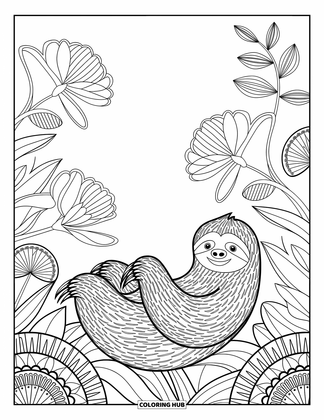 Disegno di un bradipo da colorare per adulti: Un bradipo si sdraia tra fiori in fiore e foglie stratificate con dettagliati motivi floreali