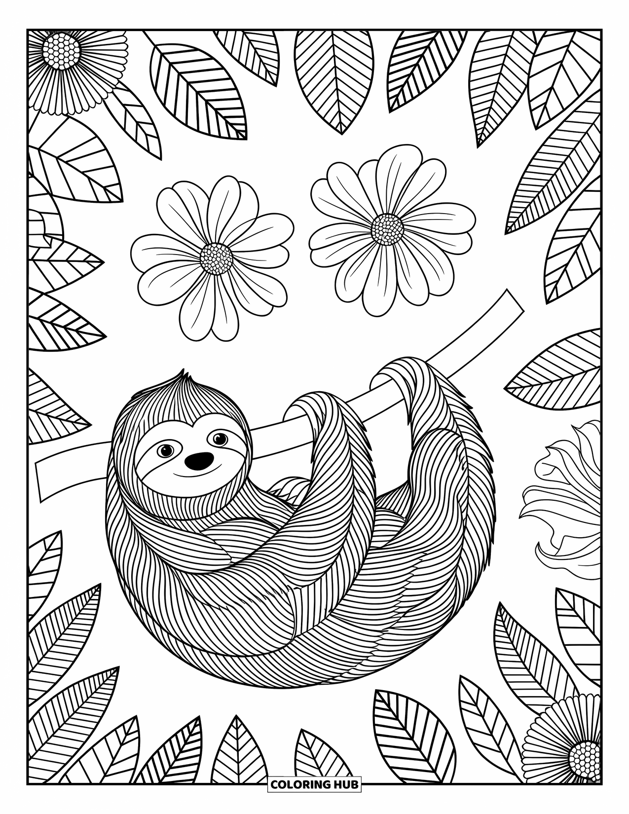 Disegno di un bradipo da colorare per adulti: Un bradipo si rilassa tra fiori e foglie dettagliate con eleganti motivi tutt'intorno