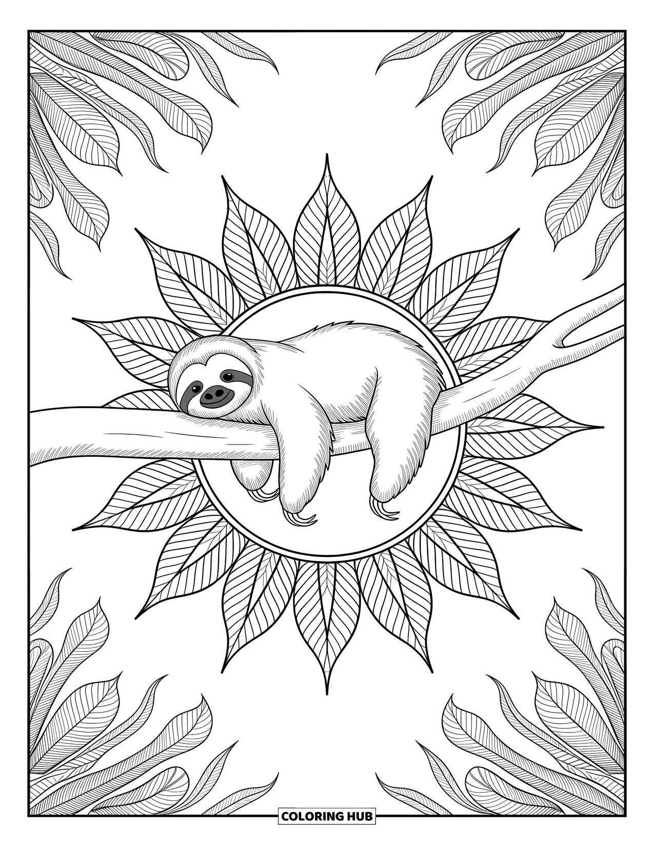Disegno di un bradipo da colorare per adulti: Un bradipo riposa su un ramo circondato da raggi mandala e foglie arricciate