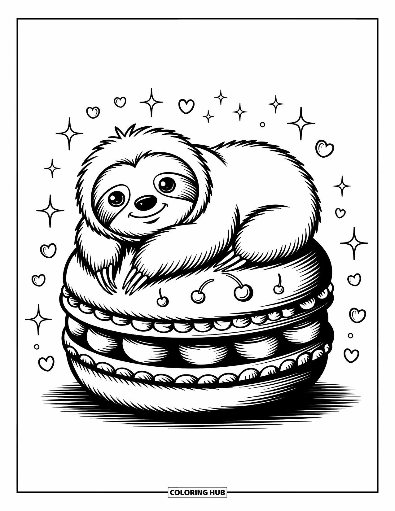 Disegno di un bradipo da colorare per adulti: Un bradipo riposa pacificamente su un macaron gigante con stelle, ciliegie e vortici