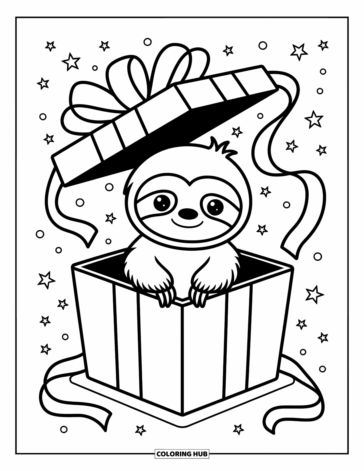 Disegno di un bradipo da colorare per adulti: Un bradipo è seduto all'interno di una grande confezione regalo con nastri, stelle e coriandoli sparsi