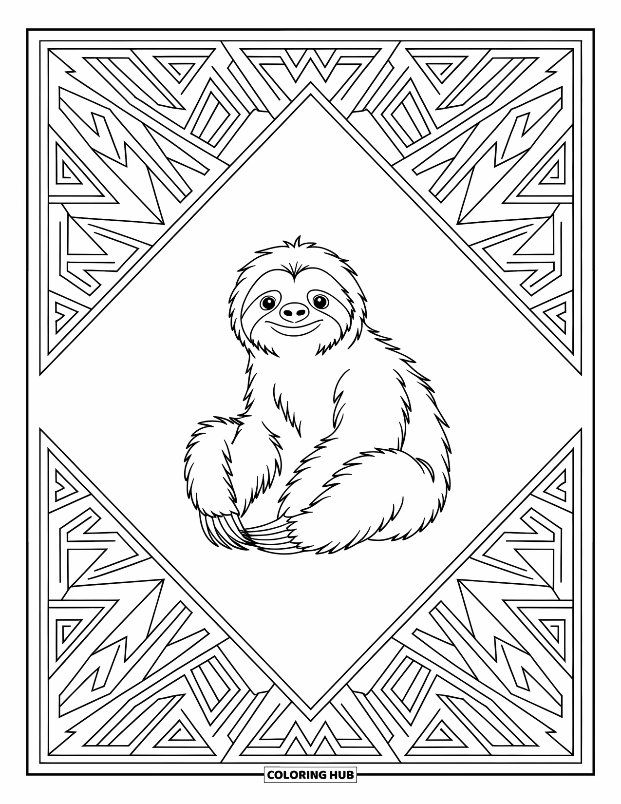 Disegno di un bradipo da colorare per adulti: Un bradipo è seduto pacificamente all'interno di una cornice geometrica della giungla con motivi artistici intorno