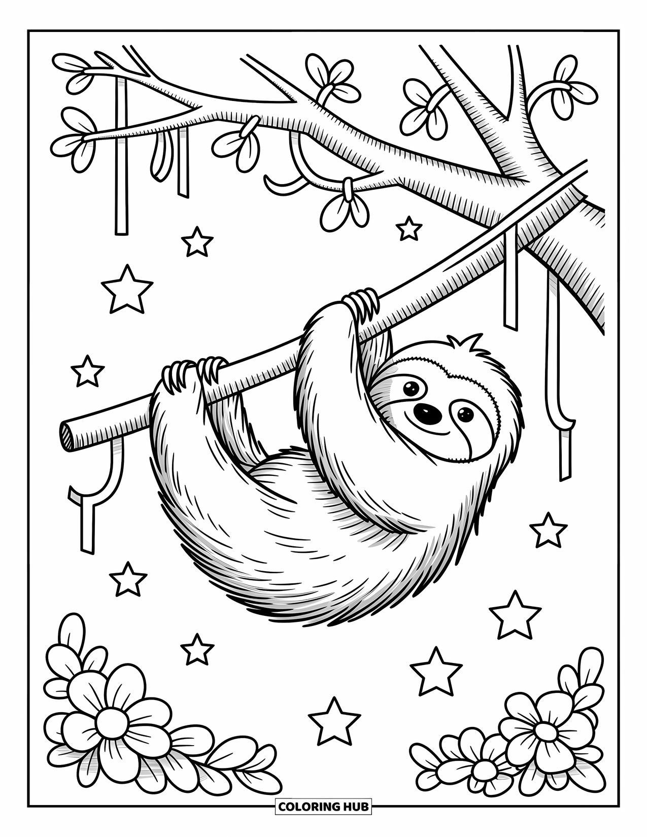 Disegno di un bradipo da colorare per adulti: Un bradipo si dondola dolcemente su un ramo d'albero decorato con fiori, nastri e piccole stelle